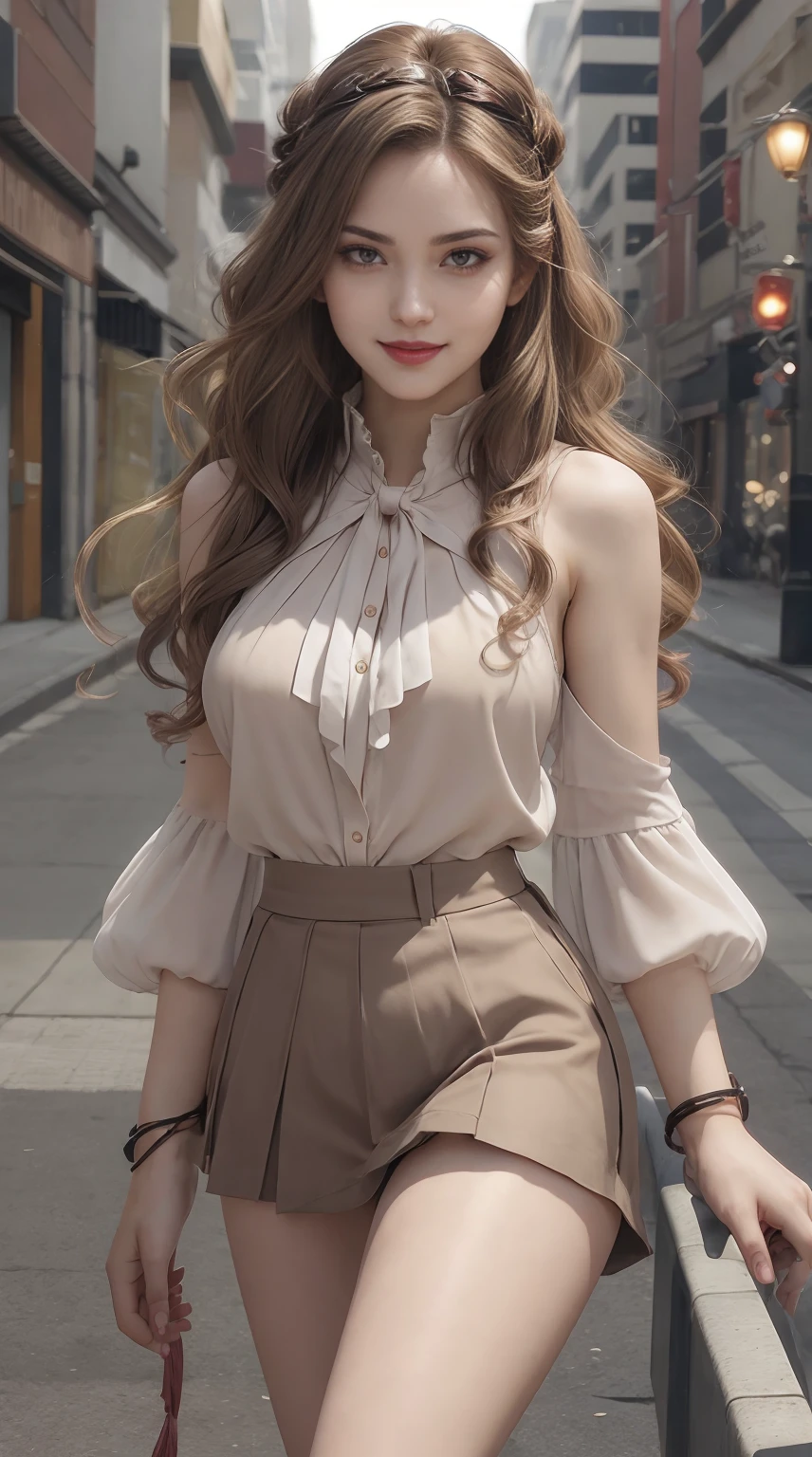 a 25yo woman、Hair color is a gradient color、eye color is brown、Semi-long、hair is wavy、wearing eye shadow and lipstick、I&#39;m wearing a decorated headband、accessories on wrist、Slender but well-proportioned muscular body、wearing a blouse、I&#39;m wearing a low-rise pleated skirt、huge tit、a smile