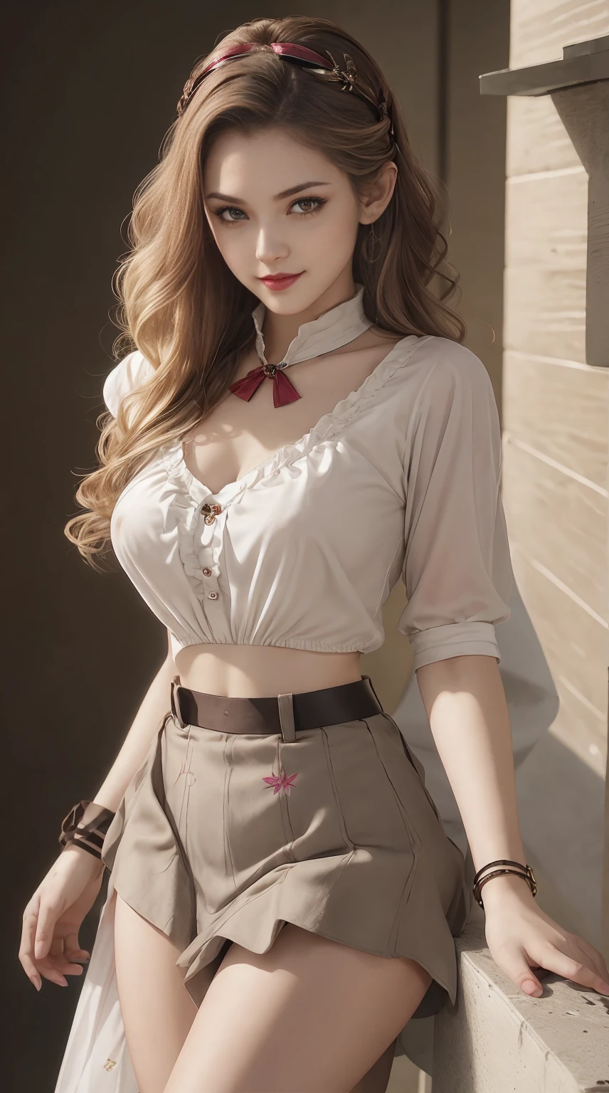 a 25yo woman、Hair color is a gradient color、eye color is brown、Semi-long、hair is wavy、wearing eye shadow and lipstick、I'm wearing a decorated headband、accessories on wrist、Slender but well-proportioned muscular body、wearing a blouse、I'm wearing a low-rise pleated skirt、huge tit、a smile