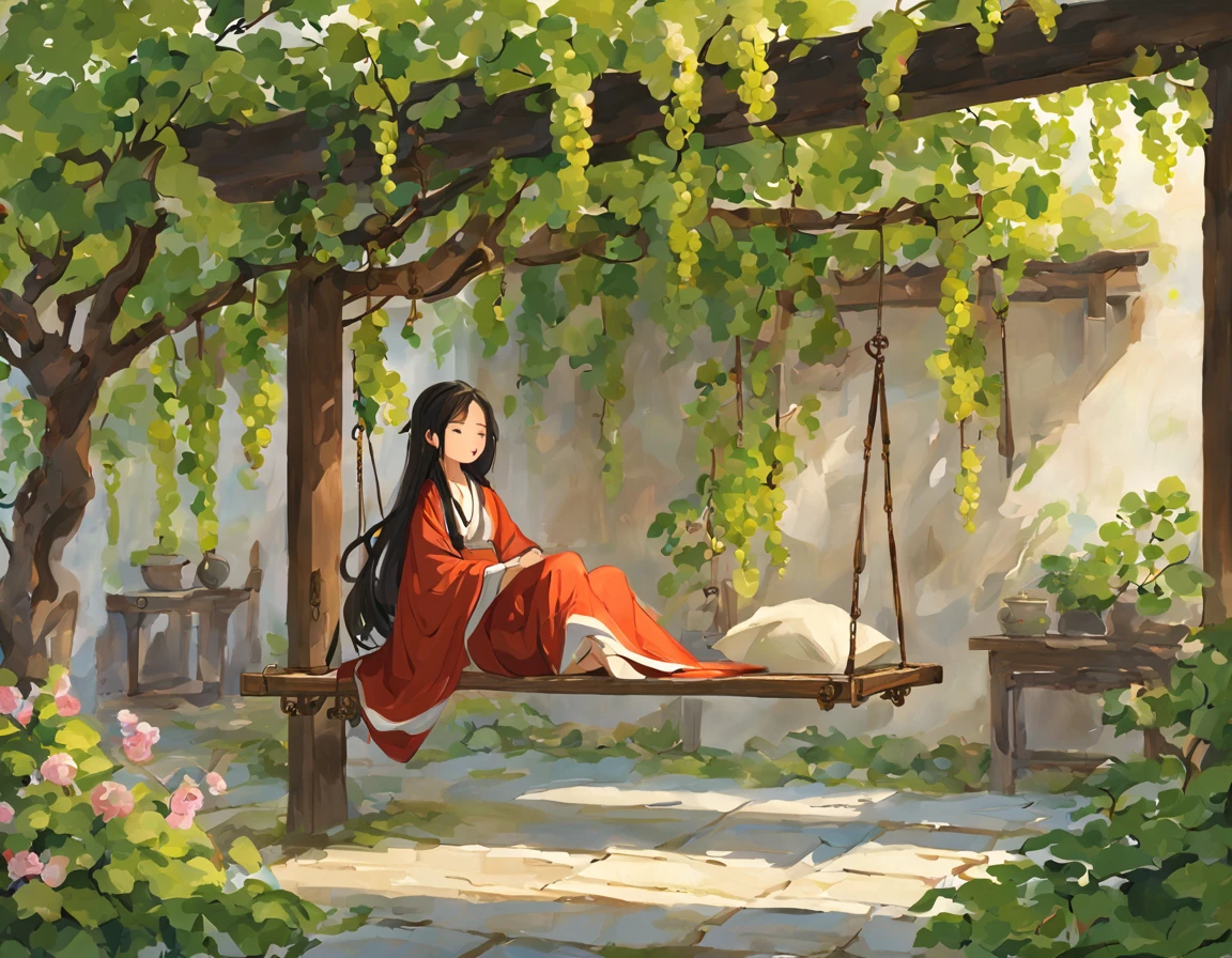 Ancient china, a china-style ancient courtyard house with trees and flowers, grape vines, spring morning, a  wooden swing in the courtyard, a girl with long black hair wearing flowing robes sit sleep on the swing