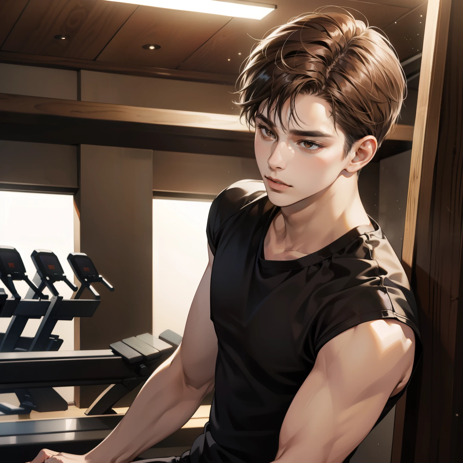 Masterpiece, high quality, best quality, HD, realistic, perfect lighting, detailed body, 1 man, brown eyes, short hair, brown Hair, black singlet shirt, face expression, Gym background.