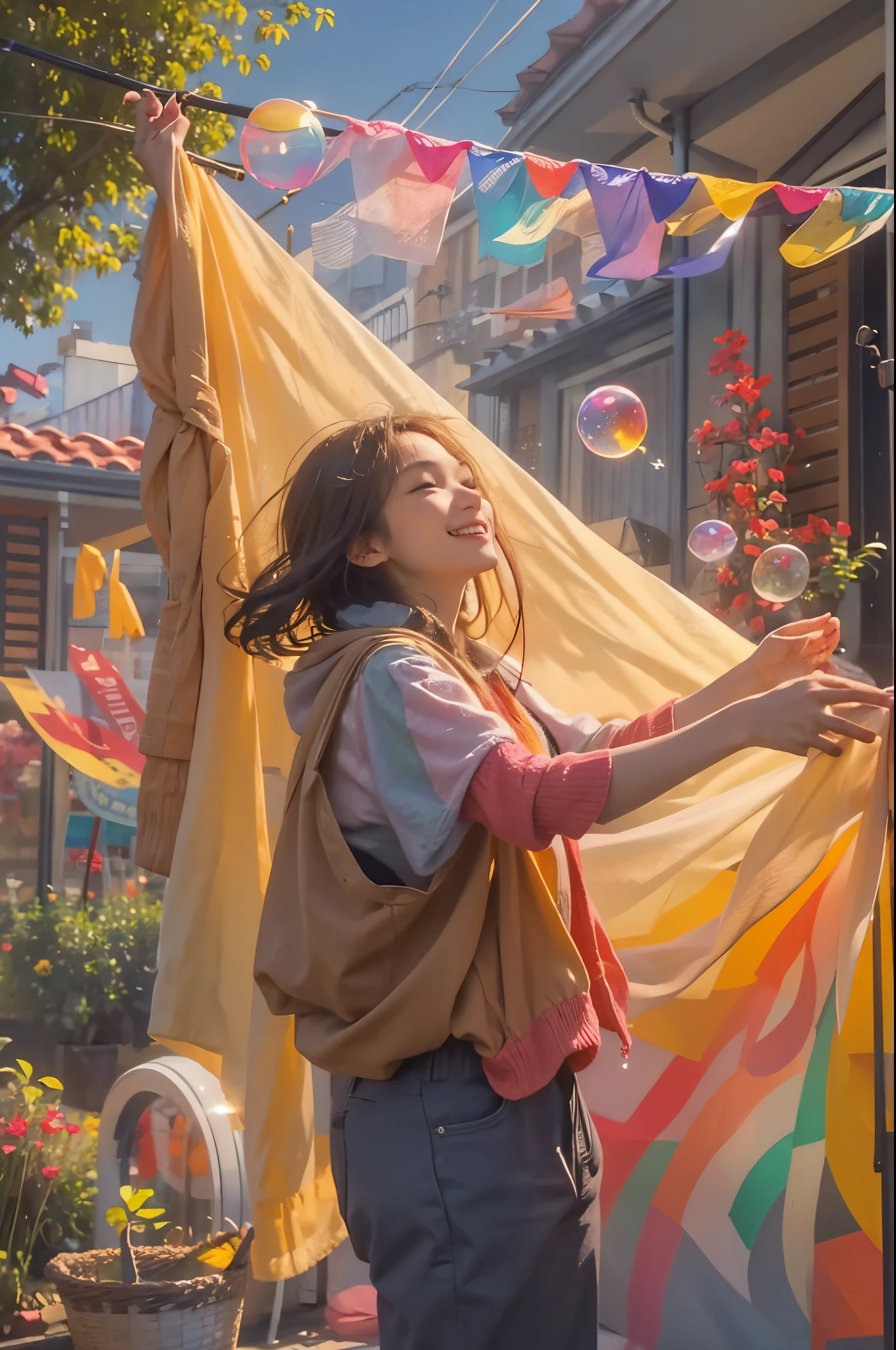 Soap bubbles sparkling in the reflection of light, rainbow, A woman doing laundry, attempting to hang sheets on an outdoor line. She wears a sparkling smile, creating a serene and happy moment as the sheets flutter in the wind.