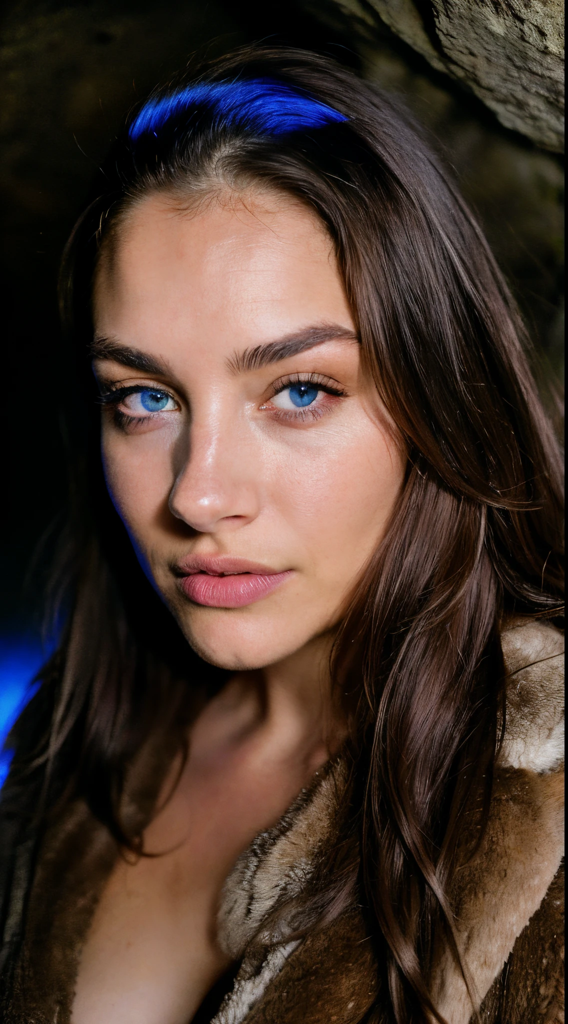 Photorealistic, Best Quality, hyper detailed ,better shadow, Photo of the whole body, Photography at night, The photograph of the cave of the ancient man, is near a bonfire, wearing long furry clothes of the ancient man, medium-sized bust, beautiful sexy fitness girl, 21 old years, young girl, blue eyes, symmetrical beautiful face, Blue hair, Almond eye , full lips.