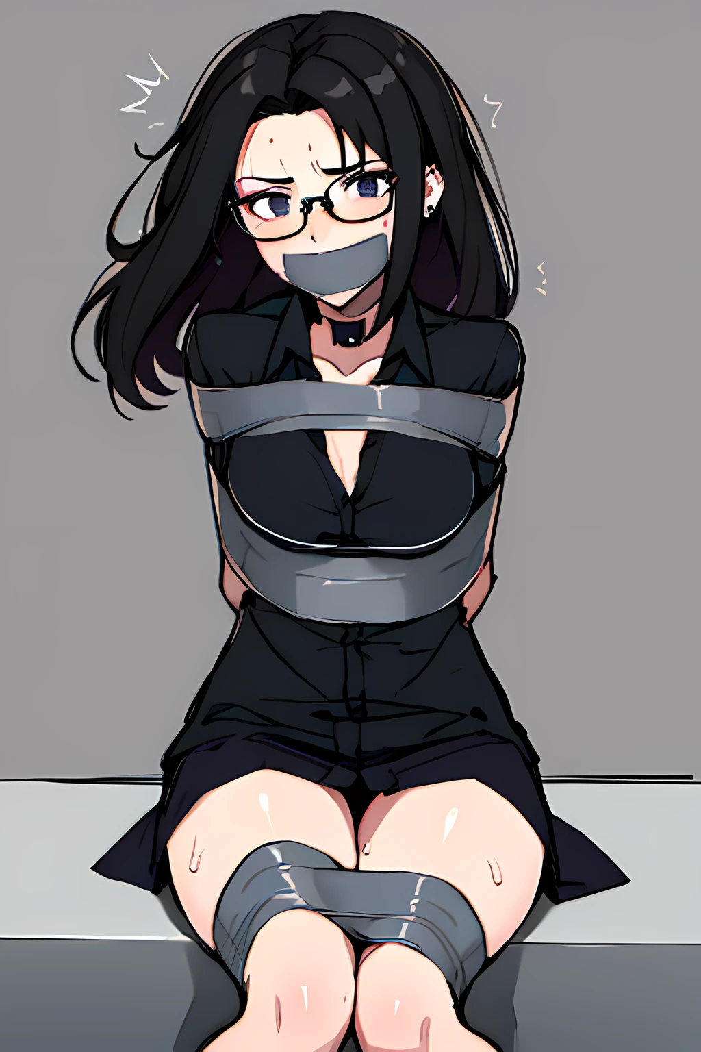(masterpiece), best quality, expressive eyes, highres, anatomically correct, 1girl, perfect face, perfect hands, female, pale, glasses, messy hair, black hair, very long hair, black eyes, glasses, weak, tired, small breasts, t-shirt, long shirt, purple shirt, tied shirt, flowing shirt, moving shirt, wind, windy, gothic, emo, goth, exposed left shoulder, black nails, piercings, hair covering forehead, , fatigue, eyebags, sore, blank eyes, expressionless, weak, crazy face, crazy eyes, swept bangs, choker, thighs, freaked out, shocked, nervous, stressed, sweating, sketch pad, sitting, black hair, black eyes, bound, bondage, (arms behind back:1.4), bdsm, tape gag, tape, tape bondage, close-up, restrained, best anatomy, half body, taped thighs, taped legs, legs together, tape wrapped, wrap gag,