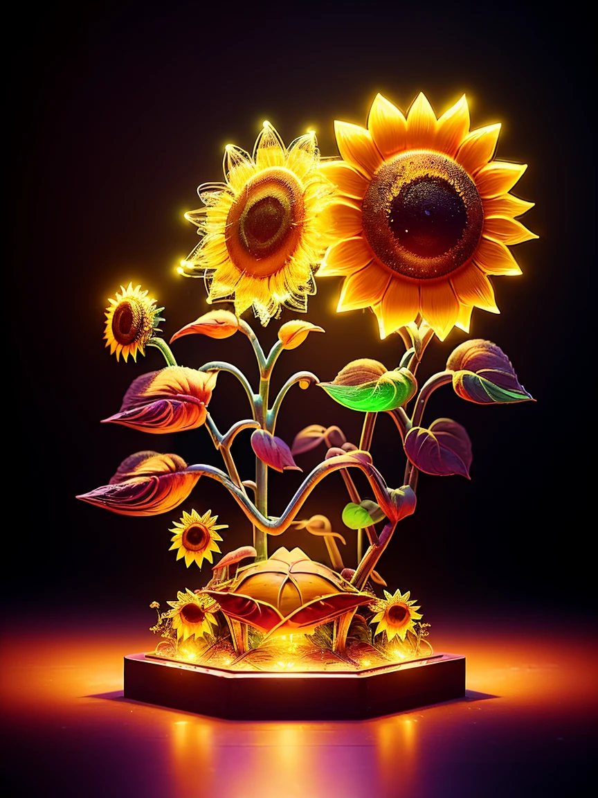 (((1 transparent luminous sunflower made of mechanical metal, metal petals, mechanical stamens, metal branches and leaves)))，8k，Irridescent color，kawaii，adolable，((themoon，starlights，small garden background))，number art，high high quality，highly  detailed, Mechanical fish