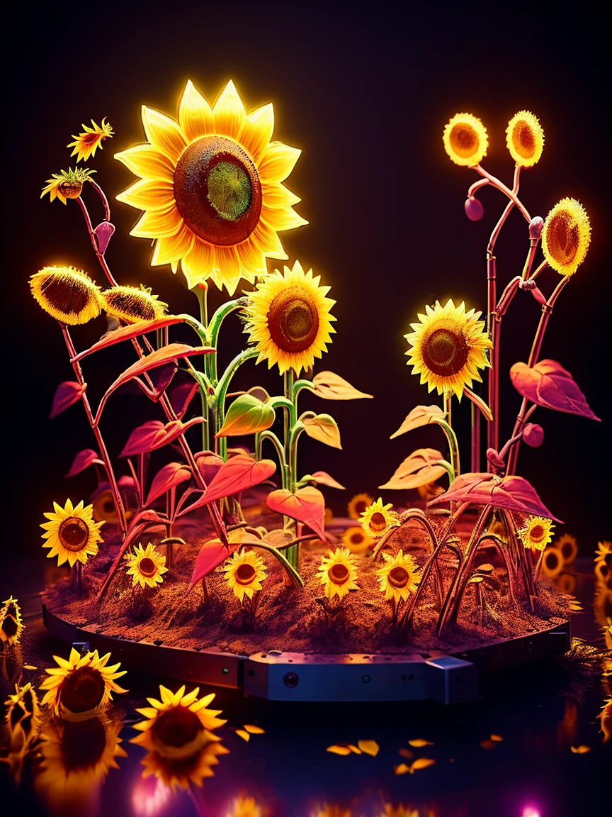 (((1 transparent luminous sunflower made of mechanical metal, metal petals, mechanical stamens, metal branches and leaves)))，8k，Irridescent color，kawaii，adolable，((themoon，starlights，small garden background))，number art，high high quality，highly  detailed, Mechanical fish