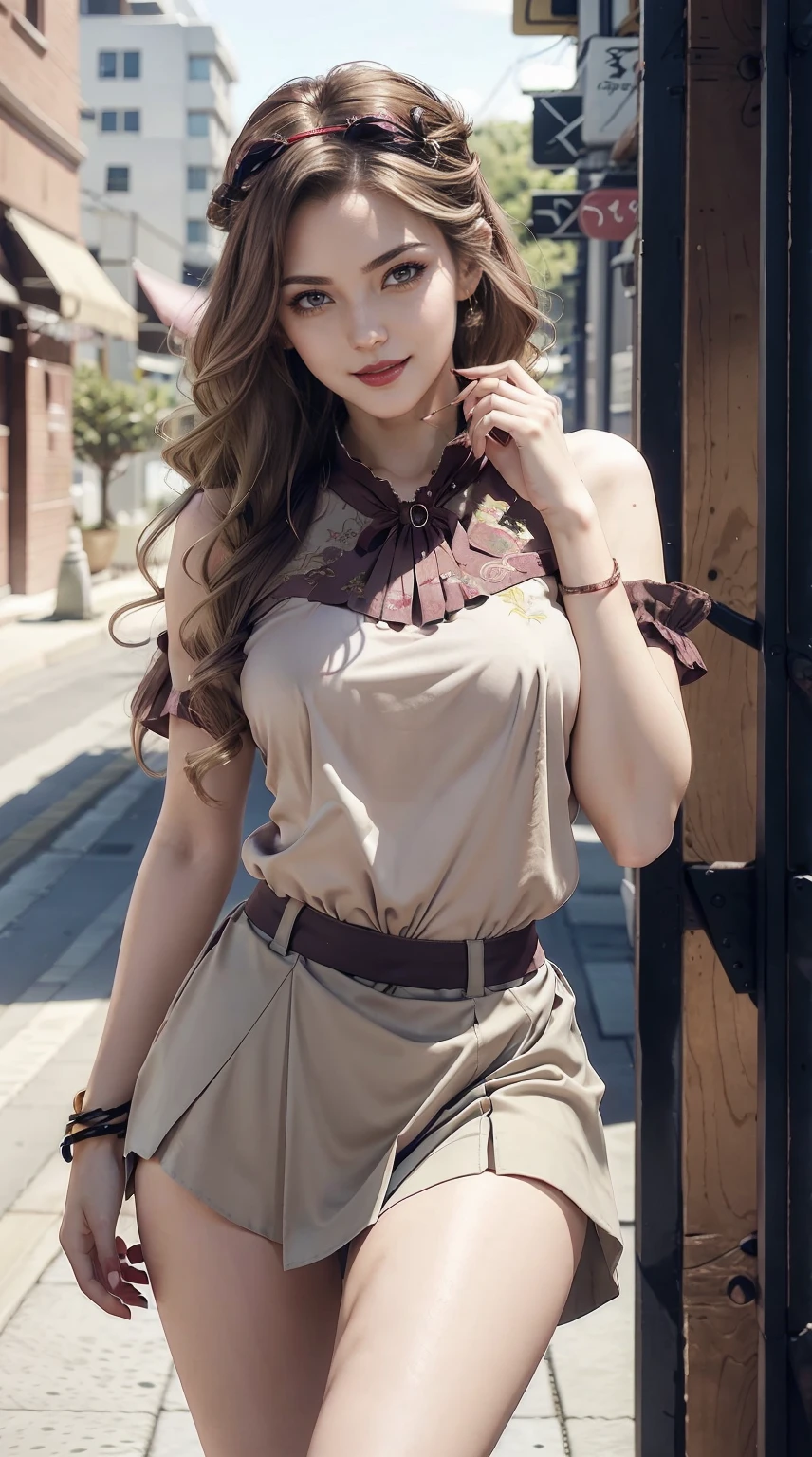 a 25yo woman、Hair color is a gradient color、eye color is brown、Semi-long、hair is wavy、wearing eye shadow and lipstick、I'm wearing a decorated headband、accessories on wrist、Slender but well-proportioned muscular body、wearing a blouse、I'm wearing a low-rise pleated skirt、huge tit、a smile