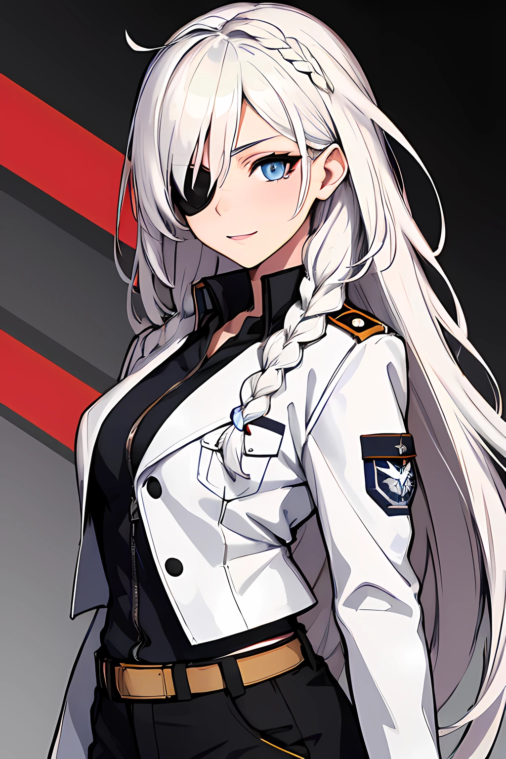 (absurdres, 8k, 4k, masterpiece, hyper extreme detailed:1.2), solo, 1girl, portrait, best quality, expressive eyes, perfect face, portrait, looking at viewer, solo, standing, casual wear, toned, white haired, eye patch, braided hair, long hair, medium breasts, scars, blue eyes, very long hair, military, cargo pants, white jacket, military,