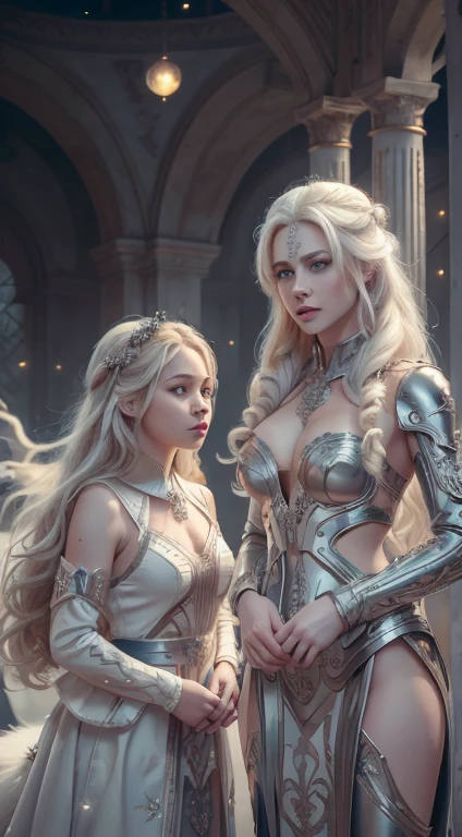 ((White wolf and girl)), (huge wolf), (huge white wolf guards a beautiful girl), blue eyes, white wolf's fur glows with silver sparks, (NSFW girl), lips parted, blue eyes, blonde girl, very long curly hair hair, dress transparent, transparent air dress, dress with silver trim, silver collar, silver belt, silver sandals, Orion Nebula background, starry sky background, two moons, Orion Nebula, stand on the star path.(masterpiece: 1.5) (photorealistic: 1.1 ) (bokeh) (best quality) (Detailed skin texture, pores, hair: 1.1) (intricate) (8K) (HDR) (wallpaper) (cinematic lighting) (sharp focus)