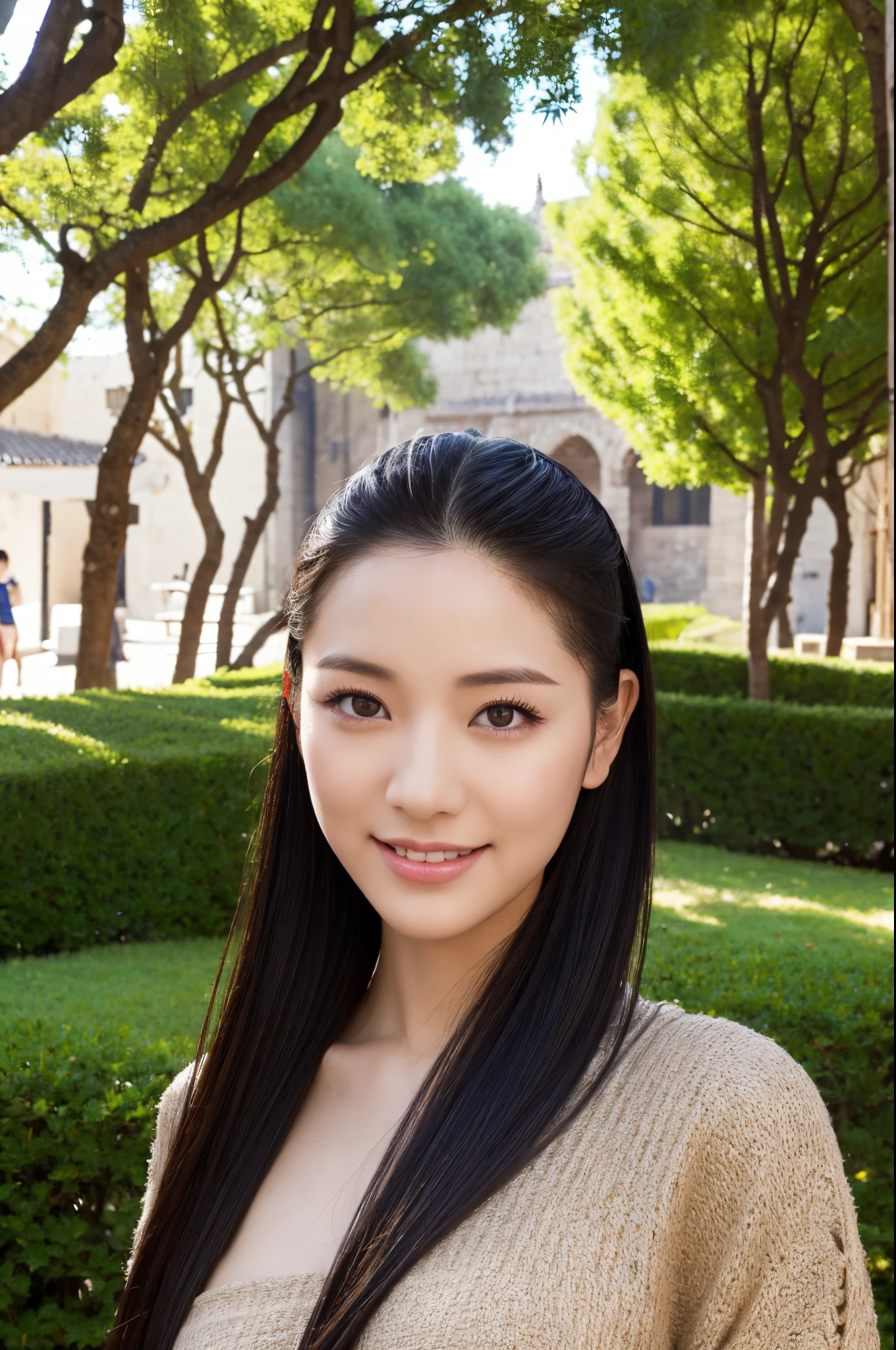 high-res, (photo realistic:1.4), 1girl, solo, 1 Israelite woman, Japanese woman, medium breasts, dynamic angle, finely detail, black eyes, detailed hair, hair slicked back, detailed clothes, cyber dress, serious, smile, aesthetic, dignified, fashion model posing, cowboy shot, evening, bright sunny day, canal, trees, medieval suzhou town, sky, professional lighting, physically-based rendering