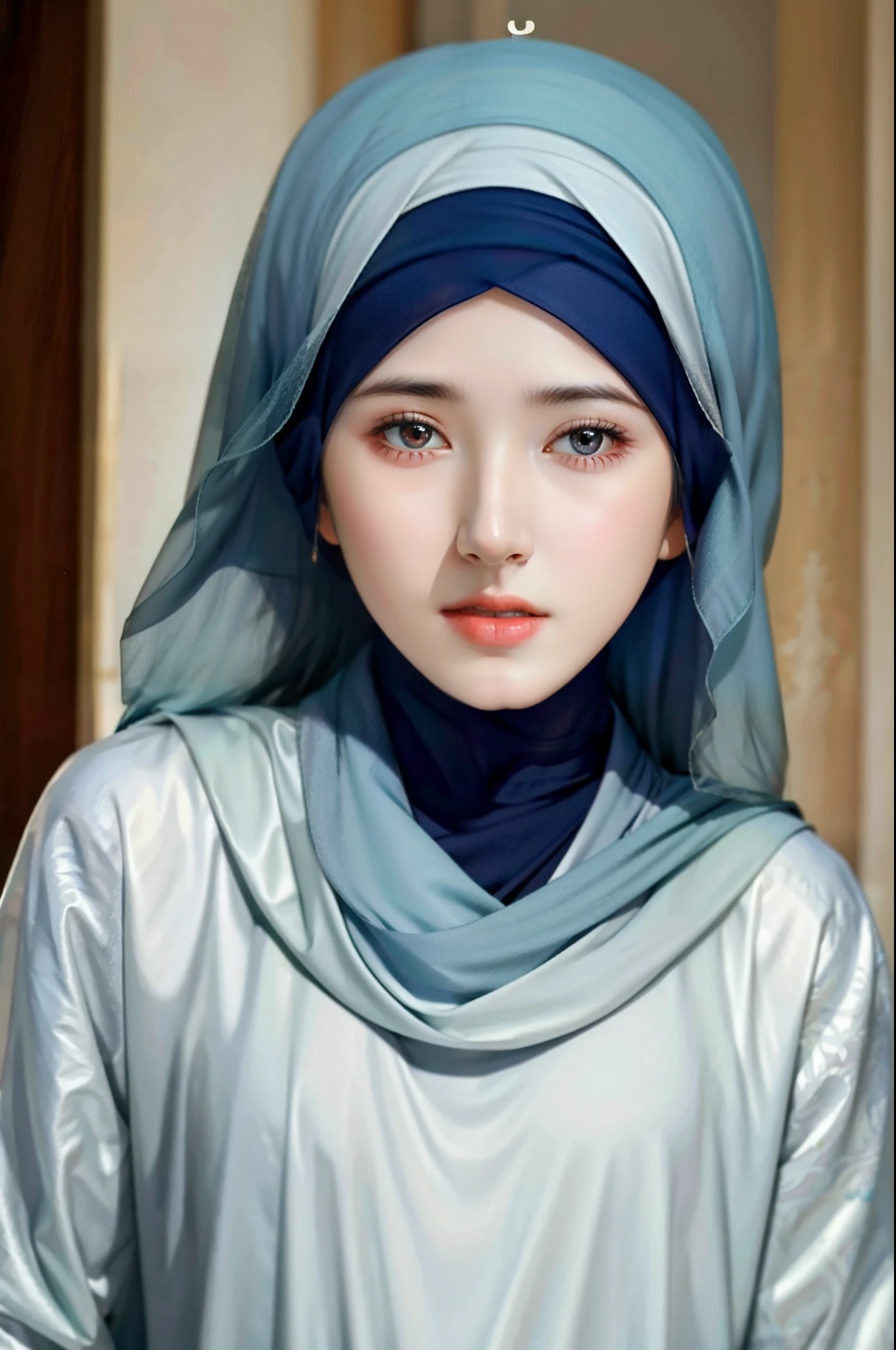 best quality, masterpiece, highreoslem female dress:1.4), necklace, Beautiful face, (upon body from head to waist:1.37), tyndall effect, photorealistic, dark studio, rim lighting, two tone lighting, 8k uhd, dslr, soft lighting, high quality, volumetric lighting, candid, Photograph, high resolution, 4k, 8k, Bokeh, (hyperrealistic girl), (illustration), (high resolution), (extremely detailed), (best illustration), (beautiful detailed eyeest quality), (ultra-detailed), (masterpiece), (wallpaper), (photorealistic), (natural light), (rim lighting), (detailed face), (high detailed realistic skin texture), (anatomically correct), (solo), (1 girl), (heterochromic eyes), (detailed eyes), (sparkling eyes), (long legs), (dynamic pose), (concentrated expression), (wearing hijab:1.4), (moslem headscarf:1.37), reading glasses.