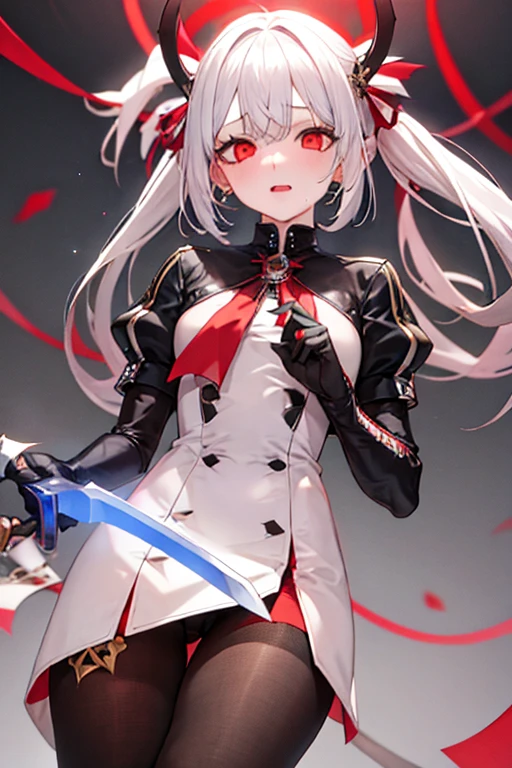 1girl, yandere, intimidating red eyes, holding knife, white hair