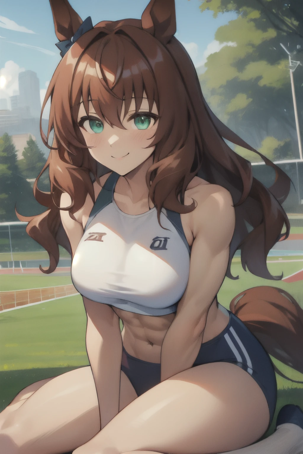 maruzensky\(umamusume\), ((ultra-detailed face)), masterpiece, best quality, muscular, rikujou, horse tail, large tits, smile, abs, athletics track, hand between legs