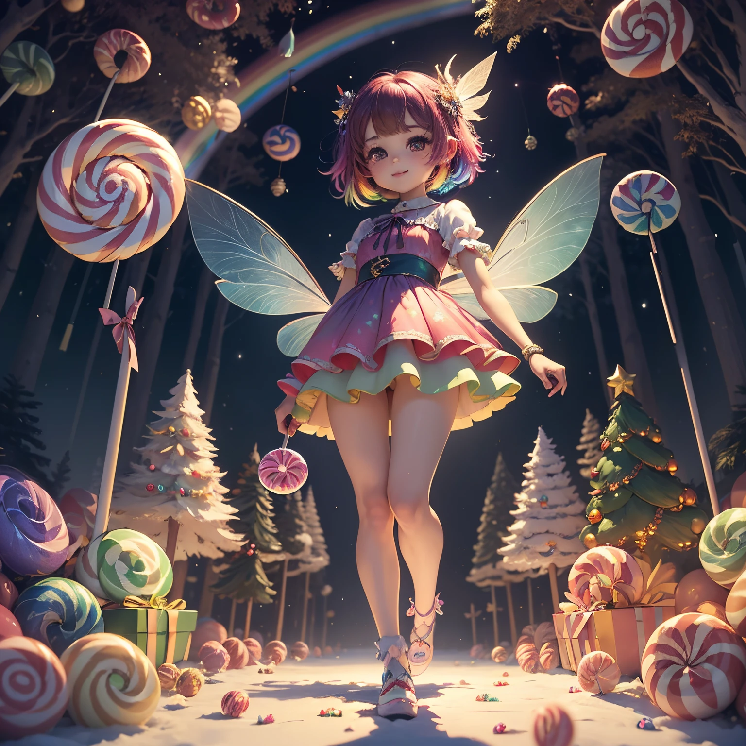 ​masterpiece、top-quality、ultra-detailliert、(Chibi Chara Fairy:1.27),(rainbow gradient feathers:1.2),(Bunch of multiple lollipop candies in hand:1.3),The background is a fairytale forest,A smile,Full-body standing figure,(Christmas tree:1.2)