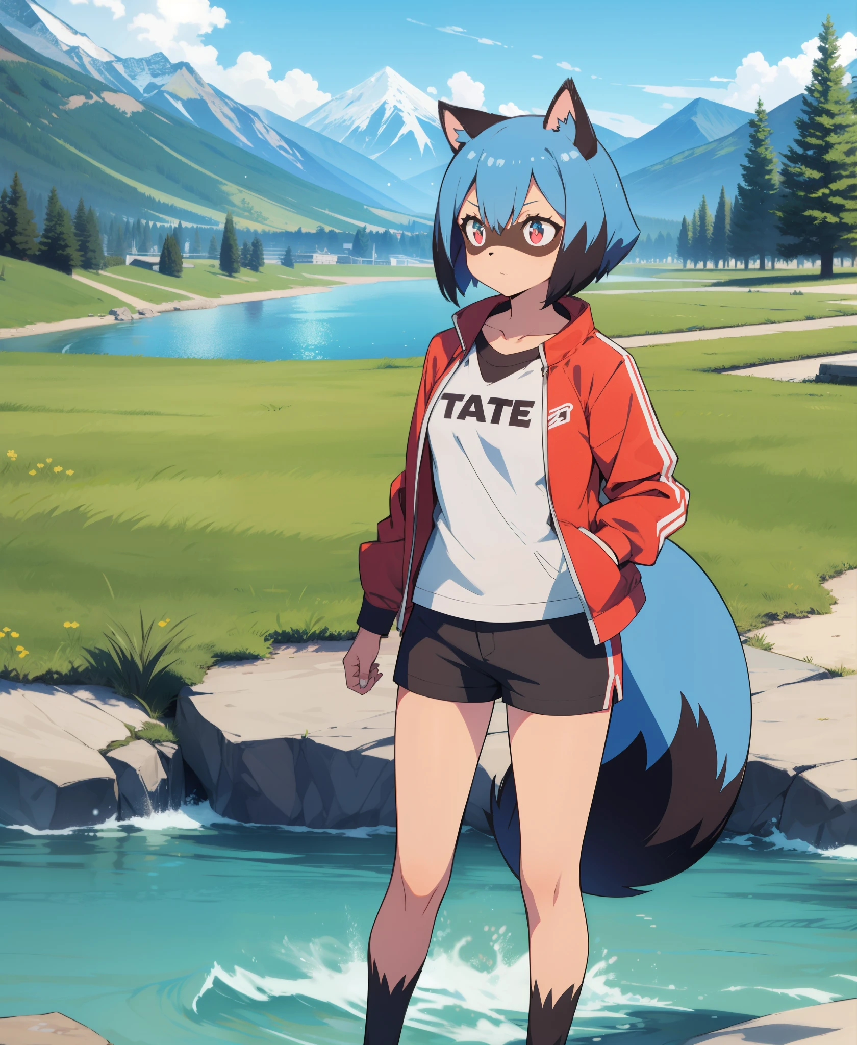 bnamichiru, female furry, blue hair, multicolored hair, short hair, raccoon ears, tail, red jacket, black shorts, short shorts, embarrassed, standing, mountain, river