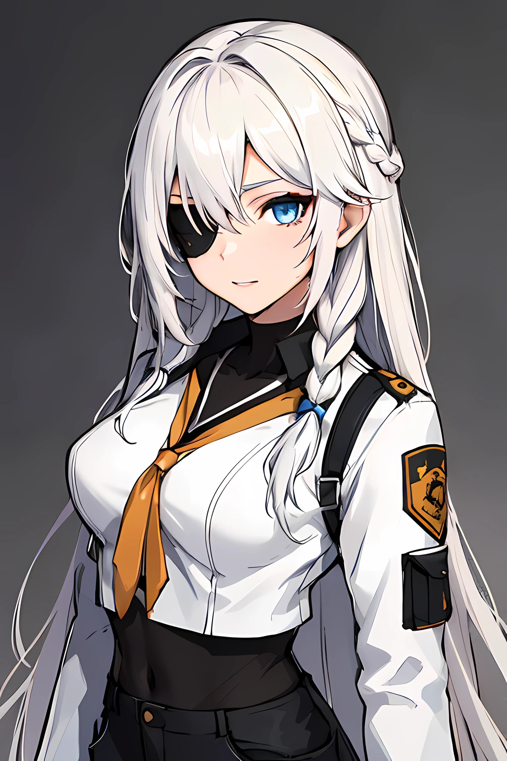 (absurdres, 8k, 4k, masterpiece, hyper extreme detailed:1.2), solo, 1girl, portrait, best quality, expressive eyes, perfect face, portrait, looking at viewer, solo, standing, casual wear, toned, white haired, eye patch, braided hair, long hair, medium breasts, scars, blue eyes, very long hair, military, cargo pants, white jacket, military,