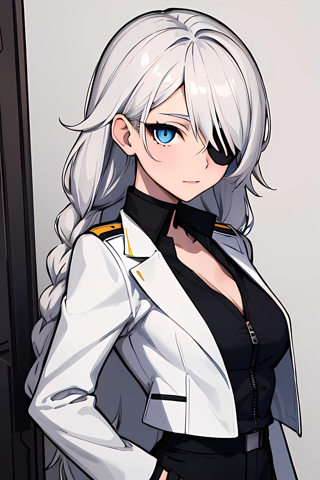 (absurdres, 8k, 4k, masterpiece, hyper extreme detailed:1.2), solo, 1girl, portrait, best quality, expressive eyes, perfect face, portrait, looking at viewer, solo, standing, casual wear, toned, white haired, eye patch, braided hair, long hair, medium breasts, scars, blue eyes, very long hair, military, cargo pants, white jacket, military,