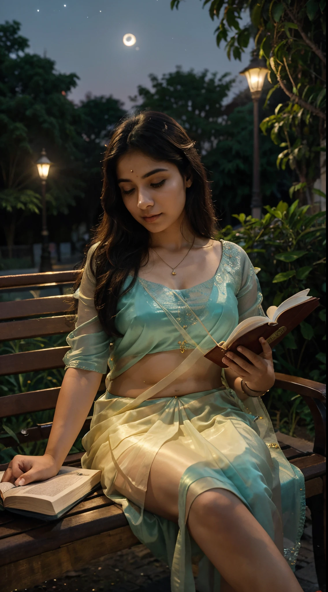 Argentinian 18 years old youthful aunty in indian traditional transparent silk saree and reading book where sitting in the bench near the jogging path in the street lamps light at dark night with beautiful moon.