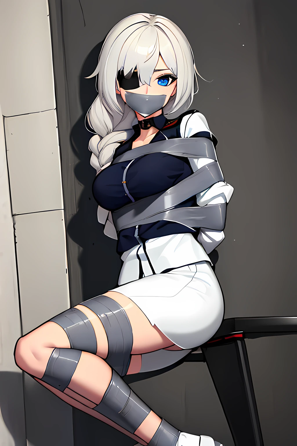 (absurdres, 8k, 4k, masterpiece, hyper extreme detailed:1.2), solo, 1girl, portrait, best quality, expressive eyes, perfect face, portrait, looking at viewer, solo, standing, casual wear, toned, white haired, eye patch, braided hair, long hair, medium breasts, scars, blue eyes, very long hair, military, cargo pants, white jacket, bound, bondage, (arms behind back:1.4), bdsm, tape gag, tape, tape bondage, close-up, restrained, best anatomy, half body, taped thighs, taped legs, legs together, tape wrapped, wrap gag,