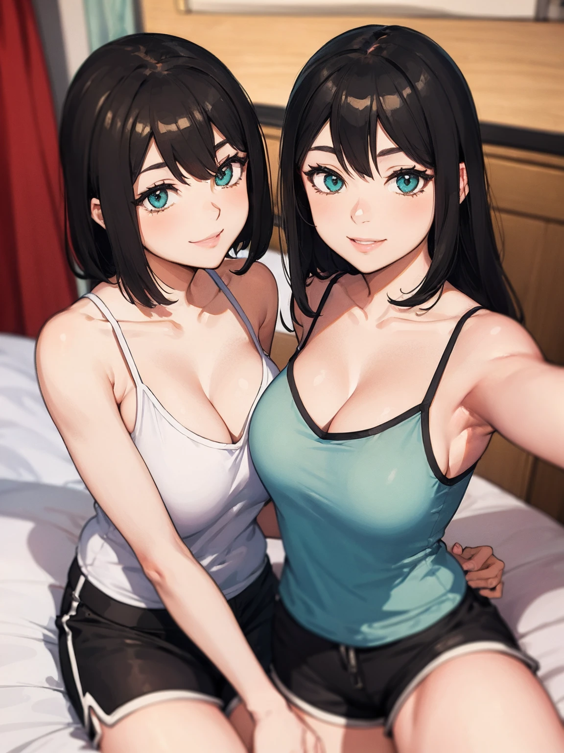 realistic, two women, selfie, body close together, looking up, cleavage emphasis, smiling, face extra large zoom, sitting on bed, sexy, (camisole), (shorts), (dolphin shorts)