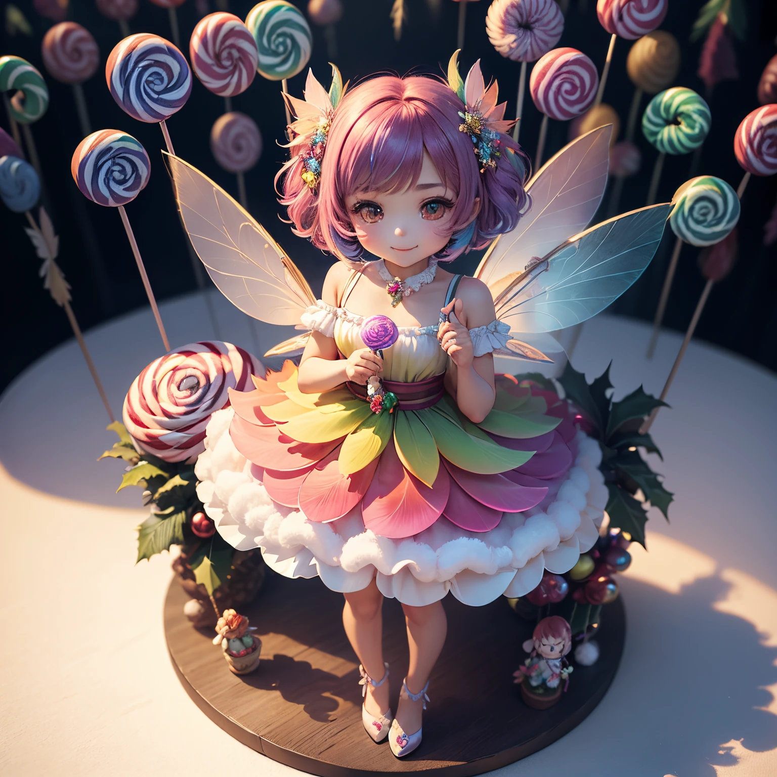 masterpiece、top-quality、ultra-detailliert、(Chibi Chara Fairy:1.27),(rainbow gradient feathers:1.2),(A bouquet of lollipop candies in her hand:1.3),The background is a fairytale forest,A smile,Full-body standing figure,(Christmas tree:1.2)