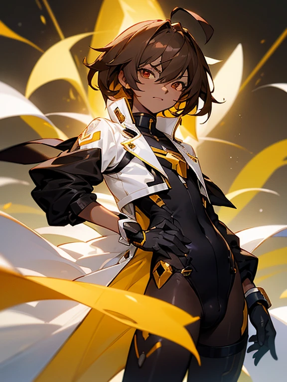 (((Dark skin))), (otokonoko), 1 male, cute, young, (beautiful boy) (short dark brown hair with ahoge)), hazel eye colour, flat chested) wearinagical Girl Lyrical Nanoha StrikerS: Vivio Takamachi long black barrier jacket black armoured bodysuit outfit black exosuit legging black gloves, black trenchcoat, cute smile, close up, golden accents, (honkai impact 3rd)