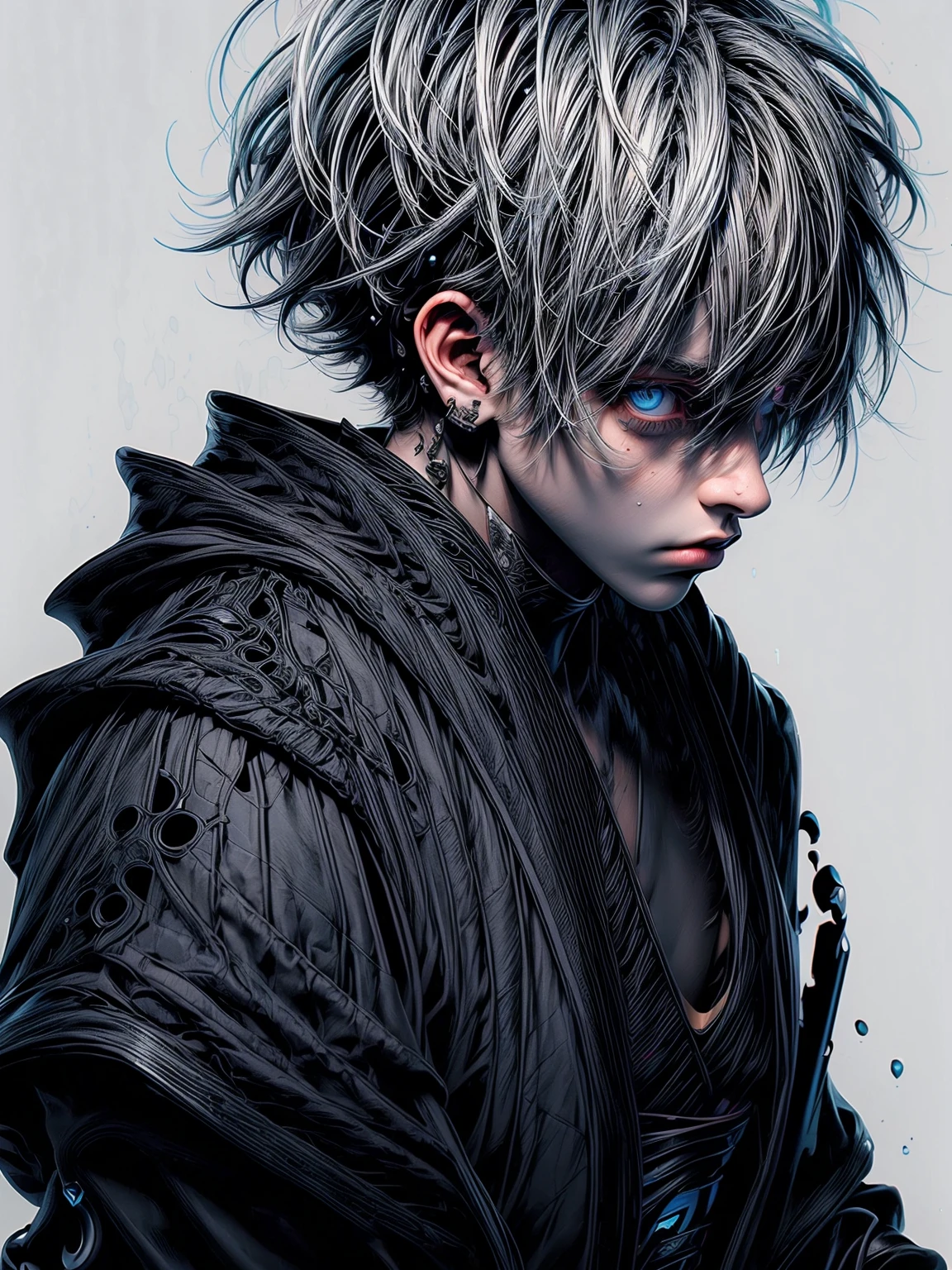 Cyberpunk male, fantasy world, dark background, clean design, epic instagram, artstation, colorful paint splatter, silhouette, hyper detailed intricate details, unreal engine, fantasy, intricate details, splash screen, complementary colors, Fantasy concept art, 8k resolution, deviantart masterpiece, oil painting, heavy strokes, paint dripping, (isolated on white background: 1.3), rainbow skin, (((handsome young man))), ((teenage:1.5) ), (glowing blue eyes), ((light eyes)), ((((short white hair: 1.1))), ((black clothes)), (prince\\(indifferent expression\\),, ( ((Wears high detail luxurious black robe))), white hair, frost magic, ((chest) and dynamic pose --v 6