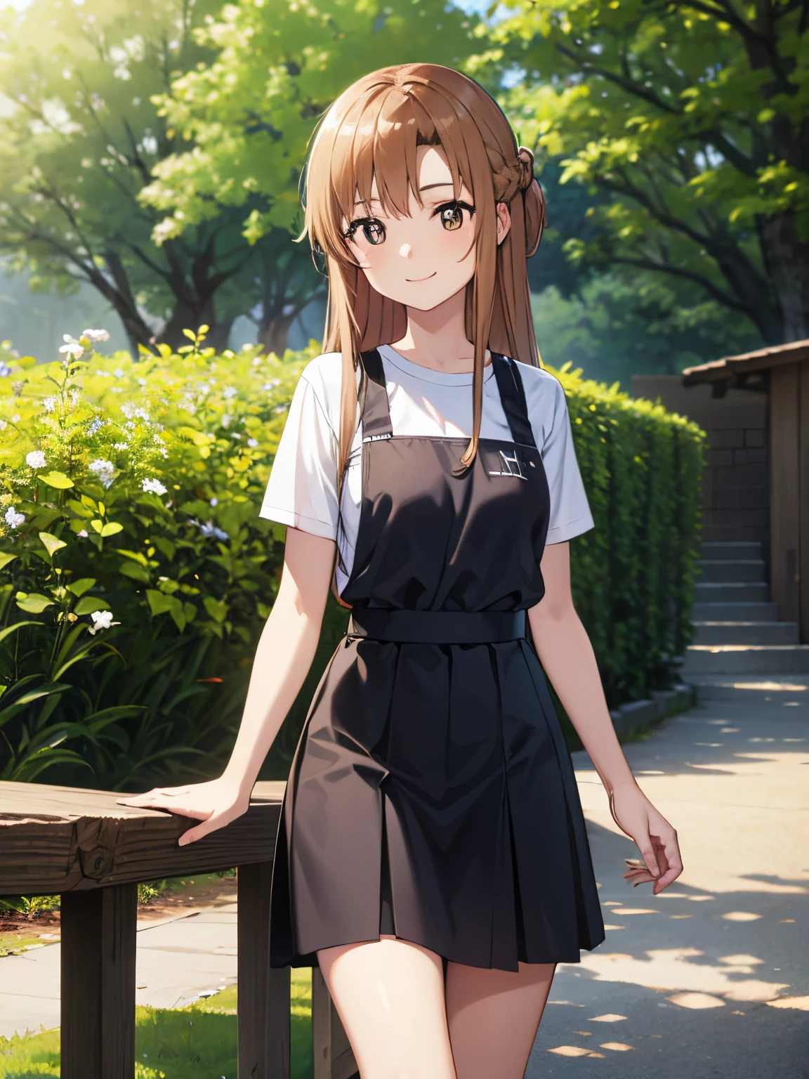 top-quality、A park where beautiful flowers bloom、Asuna、 [3D images:1.15],hight resolution、a park、Best Quality, High resolution, front-facing view、long hair overall、1girl in, firm face, Smile, Long hair, Brown hair, Brown eyes, Bright pupils, Cute clothes、tshirts、The shirt、Cute skirt、skirt by the, White skirt、absolute reference to center、Dating