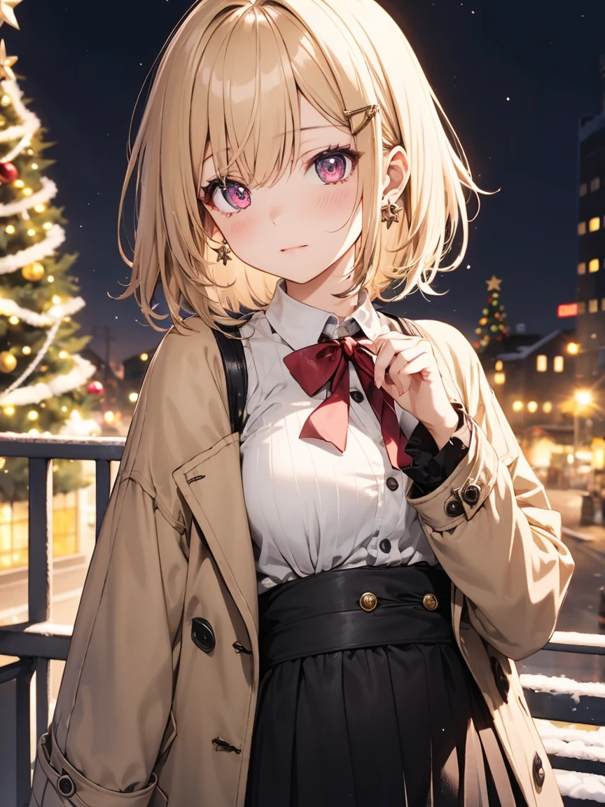 masterpiece, absurdres, best quality, ultra detailed, high Resolution, detailed illustration, (sfw), 1girl, (loli), cute face, detailed face, magenta eyes, cute eyes, sparkling eyes, big eyes, medium breasts, perky breasts, pointy breasts, medium hips, glamorous body, Surprised, BREAK, long bob cut, (blonde hair:0.8), messy hair, detailed hair, BREAK coat, sweater, long skirt, tiny ribbon, xmas date, Illumination, Christmas tree, outside, real world, natural lights, perfect lighting,
