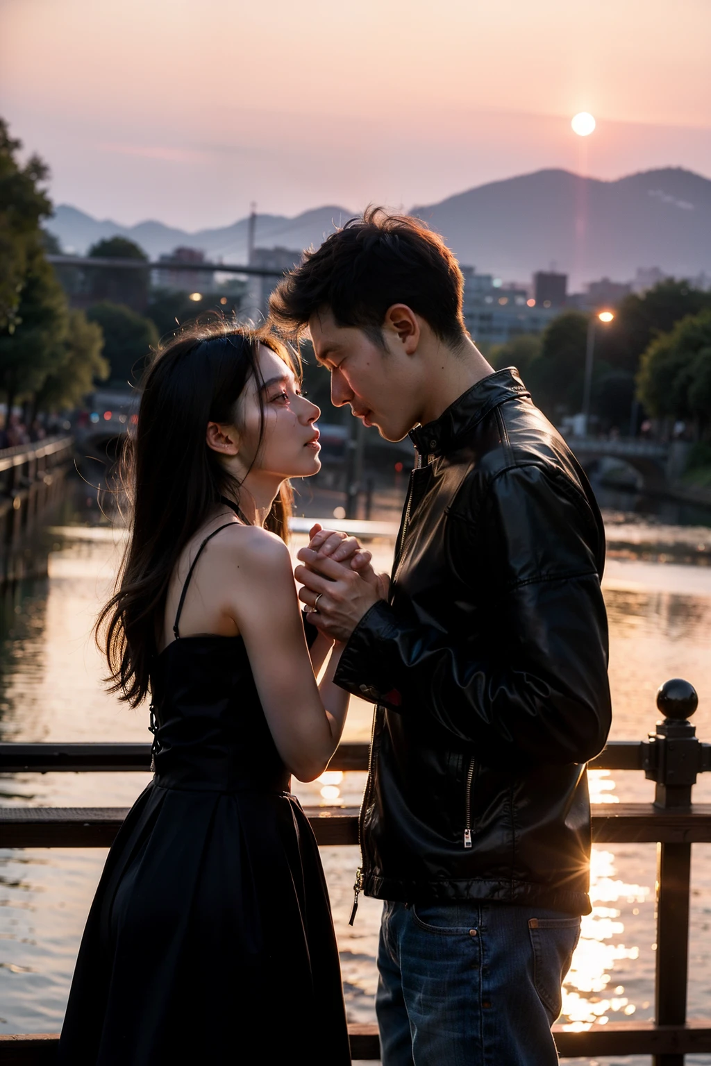 A pair of lovers parted on the bridge at sunset,Two people dressed in black,Eyes full of tears