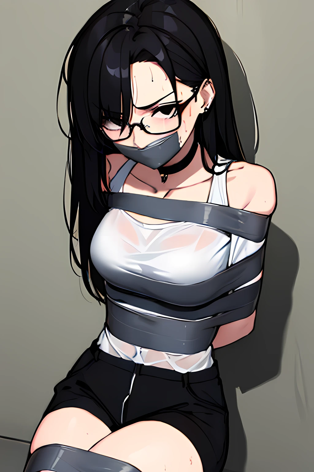 (masterpiece), best quality, expressive eyes, highres, anatomically correct, 1girl, perfect face, perfect hands, female, pale, glasses, messy hair, black hair, very long hair, black eyes, glasses, weak, tired, small breasts, graphic t-shirt, gothic, emo, goth, exposed left shoulder, piercings, ear piercings, lip piercings, hair covering forehead, , fatigue, eye-bags, sore, blank eyes, expressionless, weak, crazy face, crazy eyes, swept bangs, choker, standing, freaked out, shocked, nervous, stressed, sweating, black hair, black eyes, wet shirt, black jacket, bound, bondage, (arms behind back:1.4), bdsm, tape gag, tape, tape bondage, close-up, restrained, best anatomy, half body, taped thighs, taped legs, legs together, tape wrapped, wrap gag,