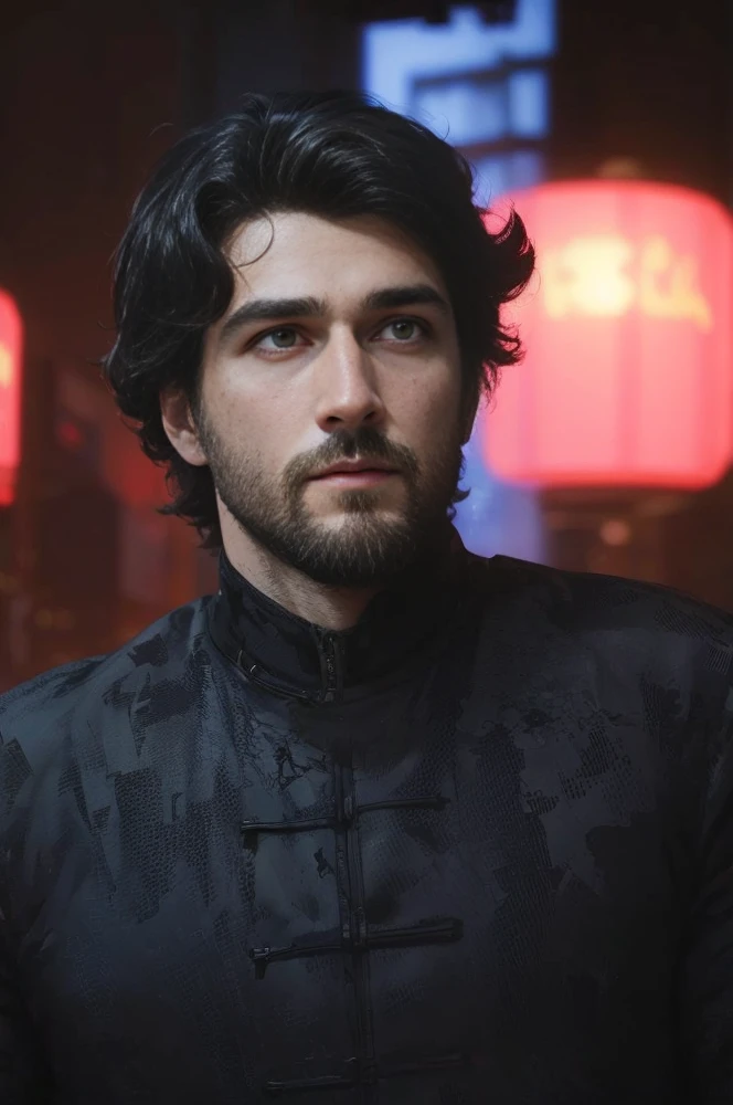 Same hair same clothes same beard real 8k cyberpunk random background small animation texture and transform everything