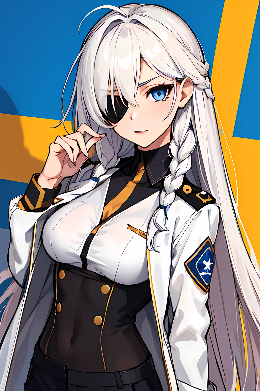 (absurdres, 8k, 4k, masterpiece, hyper extreme detailed:1.2), solo, 1girl, portrait, best quality, expressive eyes, perfect face, portrait, looking at viewer, solo, standing, casual wear, toned, white haired, eye patch, braided hair, long hair, medium breasts, scars, blue eyes, very long hair, military, cargo pants, white jacket, military,