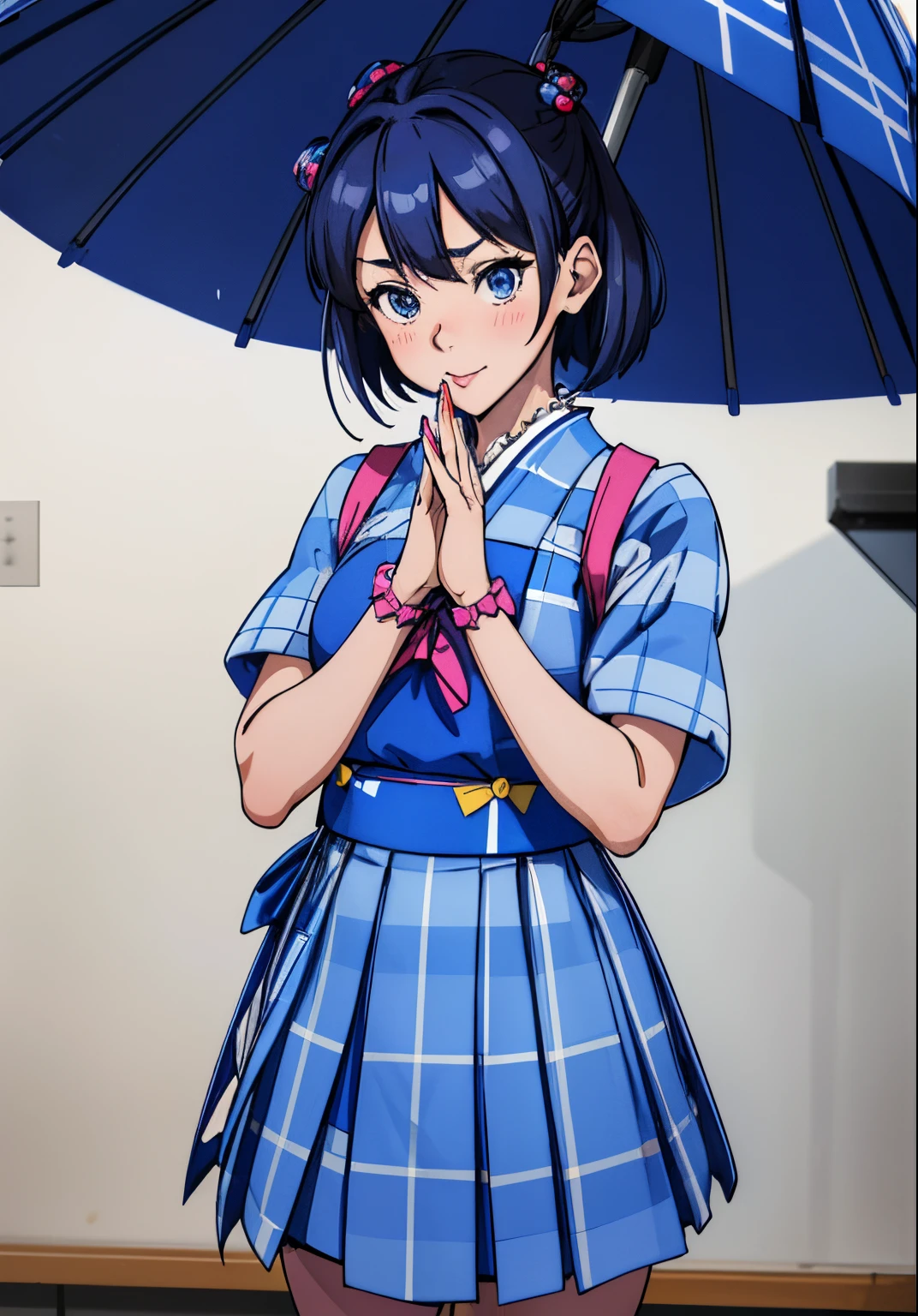 a close up of a person wearing a dress, extra short blue plaid skirt, blue outfit, blue checkerboard dress, amouranth, japanese girl school uniform, y 2 k cutecore clowncore, anime girl in real life, better known as amouranth, japanese school uniform, anime thai girl, anime girl , blue clothes, Draw hands better