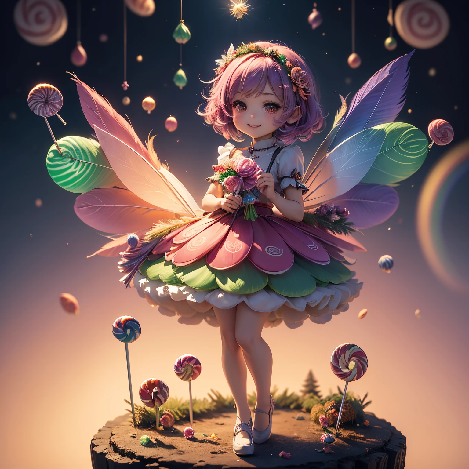 masterpiece、top-quality、ultra-detailliert、(Chibi Chara Fairy:1.27),(rainbow gradient feathers:1.2),(A bouquet of lollipop candies in her hands:1.32),The background is a fairytale forest,A smile,Full-body standing figure,(Christmas tree:1.2)