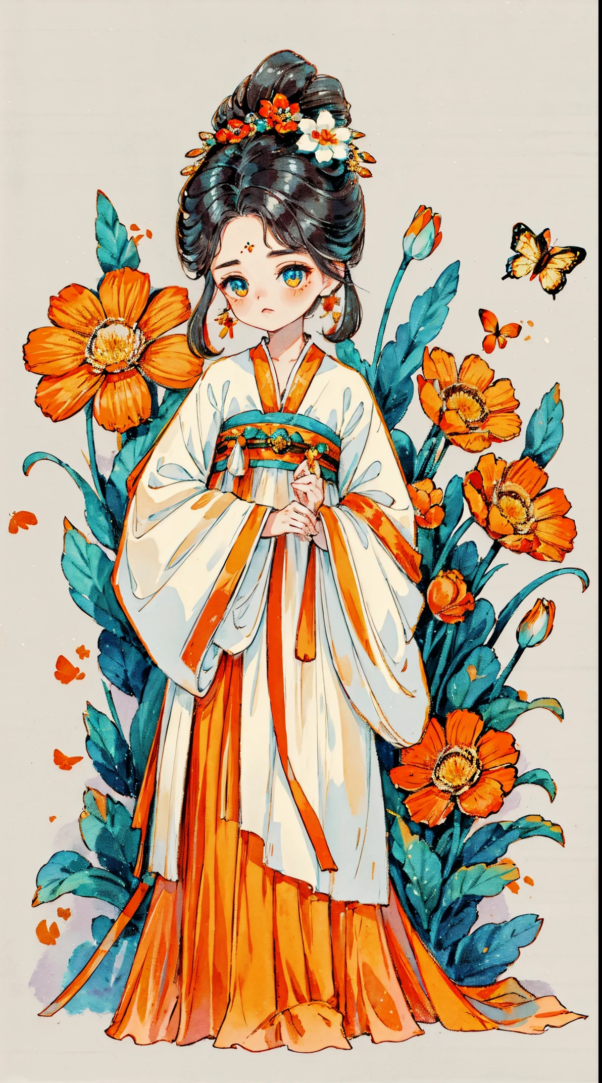 1 Sister, Alone, looking at viewert, face flushed, Background with, black hair color hair, hair adornments, longer sleeves, white backgrounid, everlasting, Full body lesbian, orange colors, flowers blooming, hairflower, hair-bun, butterflys, tmasterpiece, recent quality, The finest details, Clear facial features, beautidful eyes