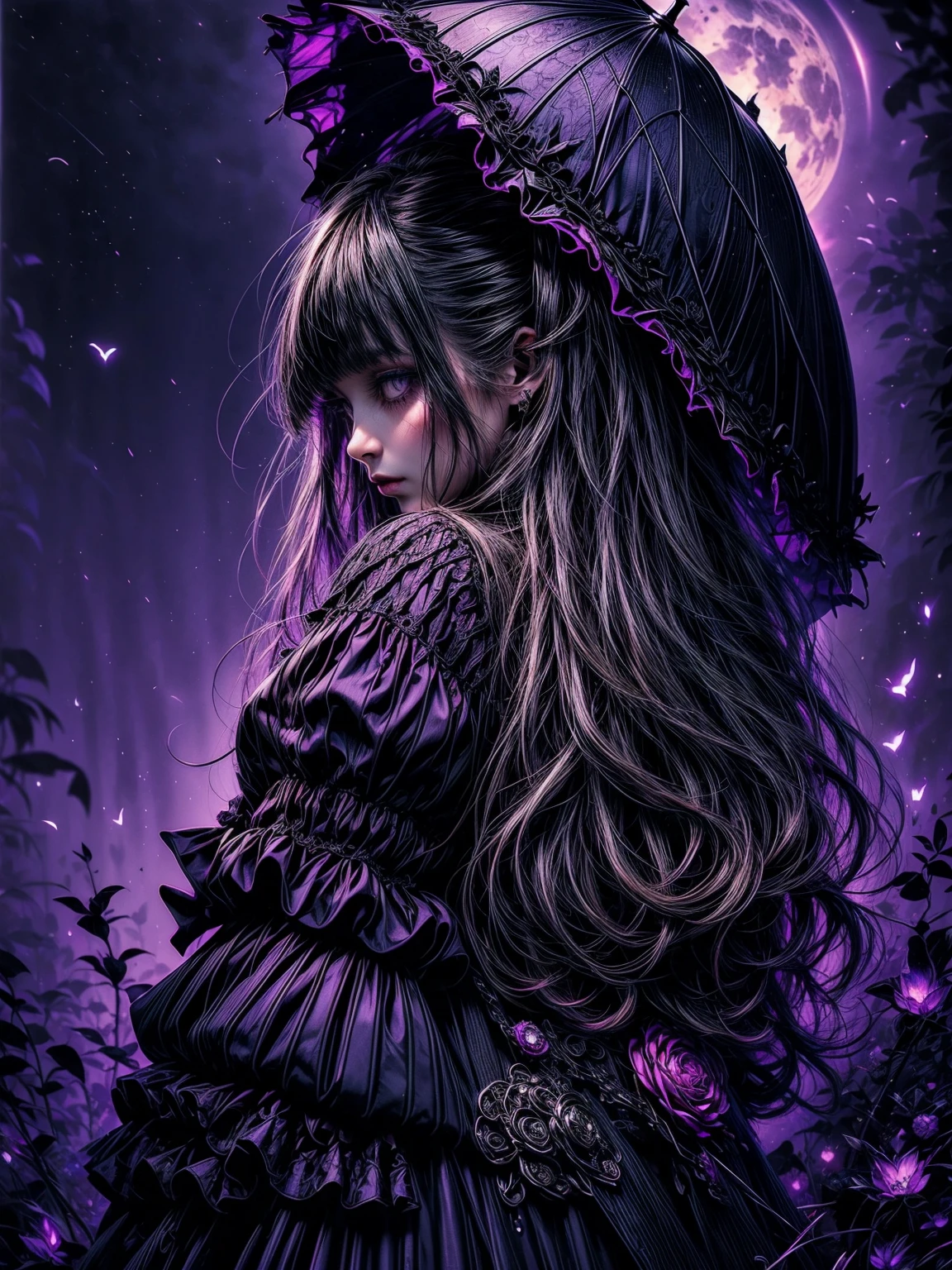 (a) gothic lolita, (dark, elegant:1.1), (purple-haired, long-haired), (wearing a dress, in a frilly dress), (carrying, holding) an umbrella, (frills, lace), (bow, ribbon), (standing, posing), (in front of) a moonlit castle
(b) surrounded by (purple fairy flame, ethereal flames:1.1), (glowing, flickering), (creating, casting) a soft, (magical, enchanting) light
(c) (mysterious, ominous) atmosphere, (dramatic, eerie) shadowoonlight, moonlit), (casting, illuminating) the scene
(d) (vibrant, rich) purple color palette, (deep, dark shades), (contrasting, highlighting) the gothic aesthet) (detailed, intricate) castle architecture, (towering, majestic) towers, (ornate, delicate) windows, (stone walls, battlement) (lush, overgrown) garden, (twisted, thorny) vinelooming, vibrant) flowers
(g) (enchanted, magical) atmosphere, (sparkling, shimmering) starluttering, glowing) fireflies
(h) (mysterious, hauntinusic playing in the background, (melancholic, ethereal) melodies
(i) (fine art, oil painting)-like rendering, (realistic, detailed, lifelike) textures, (soft, smooth) brush strokes
(j) (vivid, rich) colors, (deep purples, contrasting hues), (subtle, nuanced) lighting effects
(k) (emphasize, highlight) the gothic aesthetic, (dramatic, theatrical) poses, (intricate, extravagant) details
(l) (high resolution, 4k, 8k), (ultra-detailed, hyper-realistic, photorealistic:1.37) output
Please remove the parentheses in the above and the content in the parentheses in prompt,And make sure not to add any new sentences or explanations。