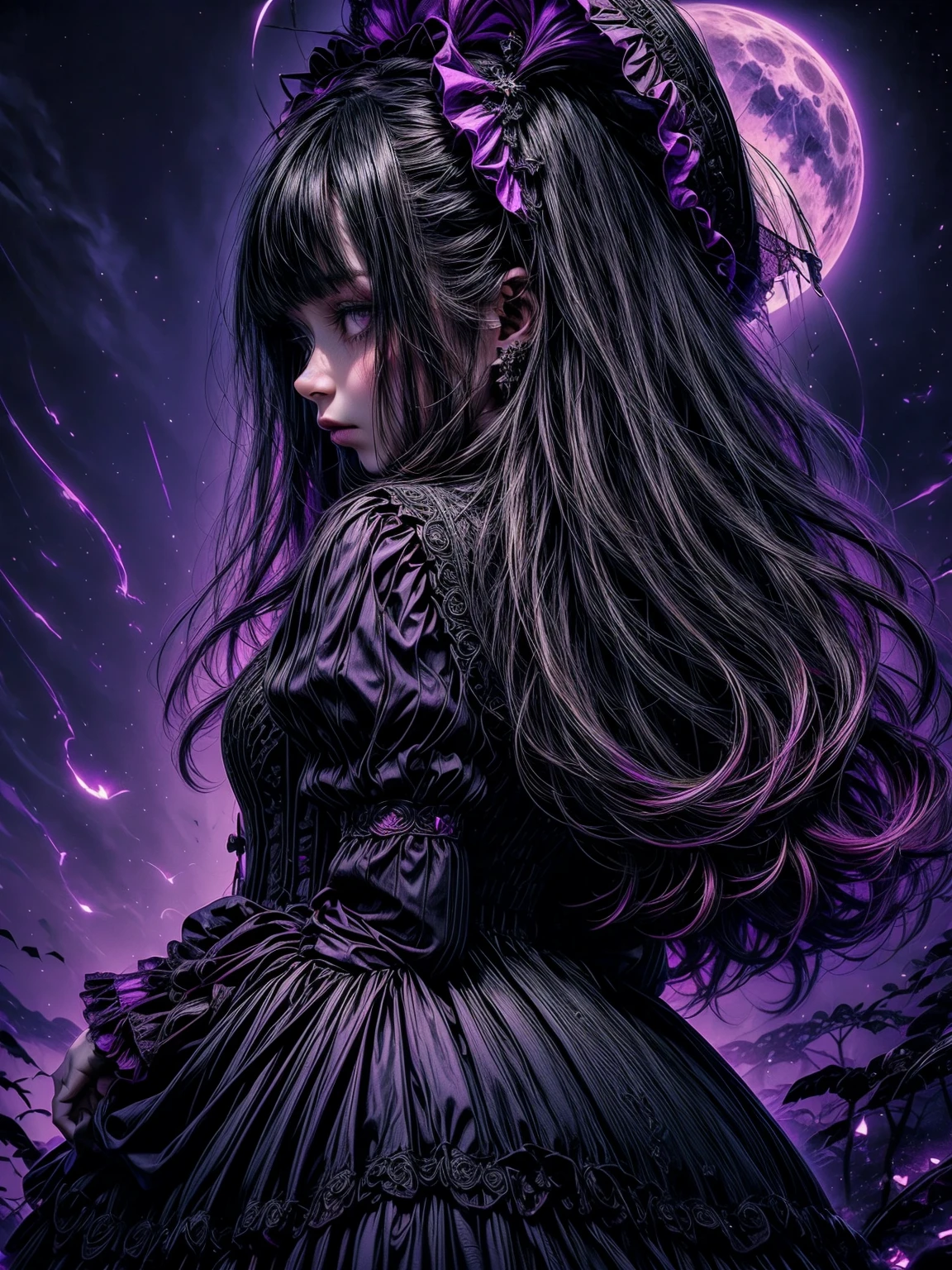 (a) gothic lolita, (dark, elegant:1.1), (purple-haired, long-haired), (wearing a dress, in a frilly dress), (carrying, holding) an umbrella, (frills, lace), (bow, ribbon), (standing, posing), (in front of) a moonlit castle
(b) surrounded by (purple fairy flame, ethereal flames:1.1), (glowing, flickering), (creating, casting) a soft, (magical, enchanting) light
(c) (mysterious, ominous) atmosphere, (dramatic, eerie) shadowoonlight, moonlit), (casting, illuminating) the scene
(d) (vibrant, rich) purple color palette, (deep, dark shades), (contrasting, highlighting) the gothic aesthet) (detailed, intricate) castle architecture, (towering, majestic) towers, (ornate, delicate) windows, (stone walls, battlement) (lush, overgrown) garden, (twisted, thorny) vinelooming, vibrant) flowers
(g) (enchanted, magical) atmosphere, (sparkling, shimmering) starluttering, glowing) fireflies
(h) (mysterious, hauntinusic playing in the background, (melancholic, ethereal) melodies
(i) (fine art, oil painting)-like rendering, (realistic, detailed, lifelike) textures, (soft, smooth) brush strokes
(j) (vivid, rich) colors, (deep purples, contrasting hues), (subtle, nuanced) lighting effects
(k) (emphasize, highlight) the gothic aesthetic, (dramatic, theatrical) poses, (intricate, extravagant) details
(l) (high resolution, 4k, 8k), (ultra-detailed, hyper-realistic, photorealistic:1.37) output
Please remove the parentheses in the above and the content in the parentheses in prompt,And make sure not to add any new sentences or explanations。
