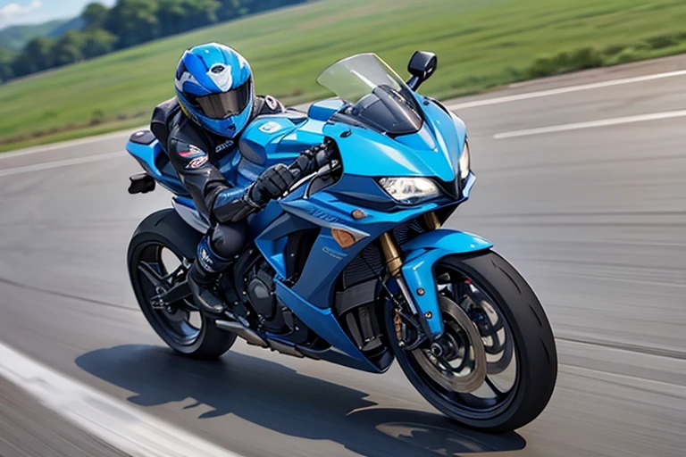 A motorcycle running at high speed is shining blue as it runs