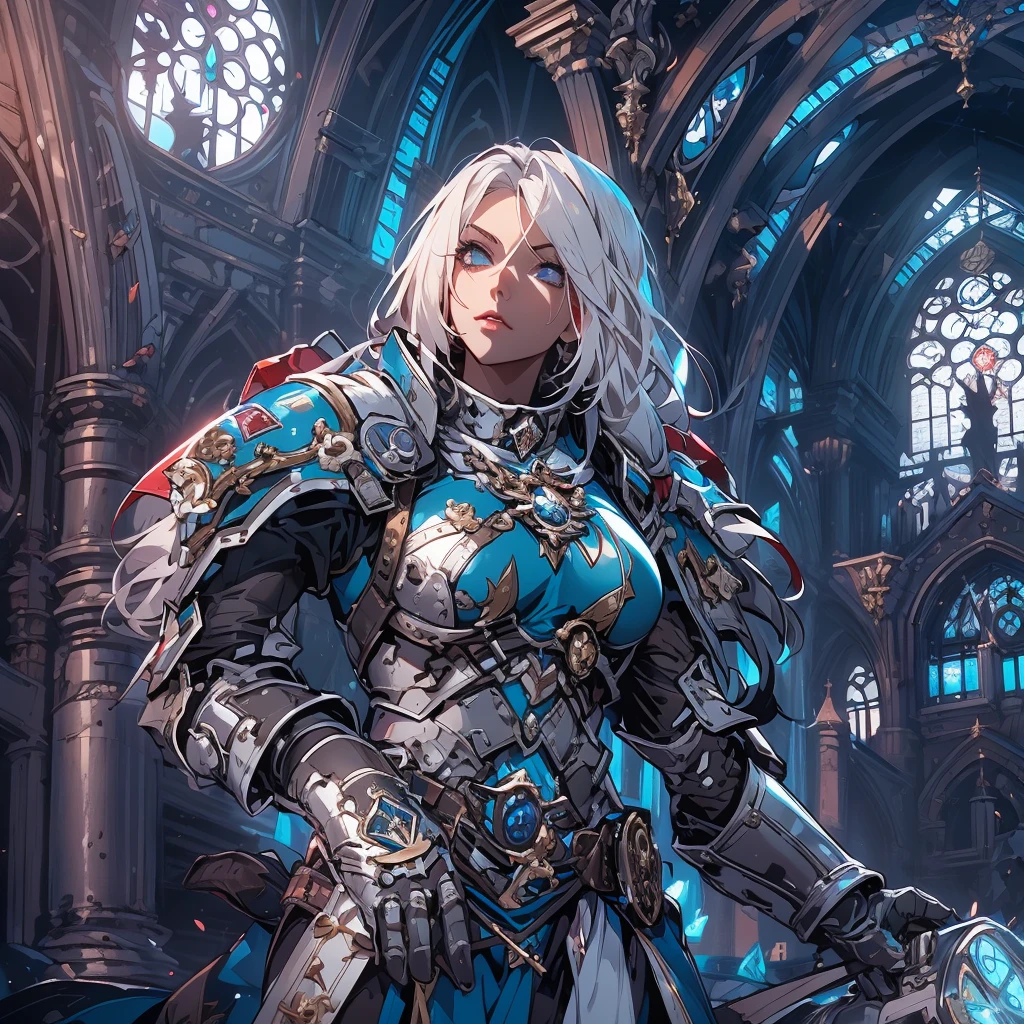 a beautiful 25-years-old (Adepta Sororita) from the Warhammer 40k universe. She has silver-blond hair and sky-blue eyes, adorned in a power armor with metallic blue and gray textures, complemented by latex fabric resembling a skirt. Background: A Warhammer 40k-inspired environment with gothic architecture and a celestial backdrop. ((Style-Anime)). Light Dramatic lighting to accentuate the metallic textures. (Extreme detailed face), best quality, masterpiece, ultra-detailed, 8k.