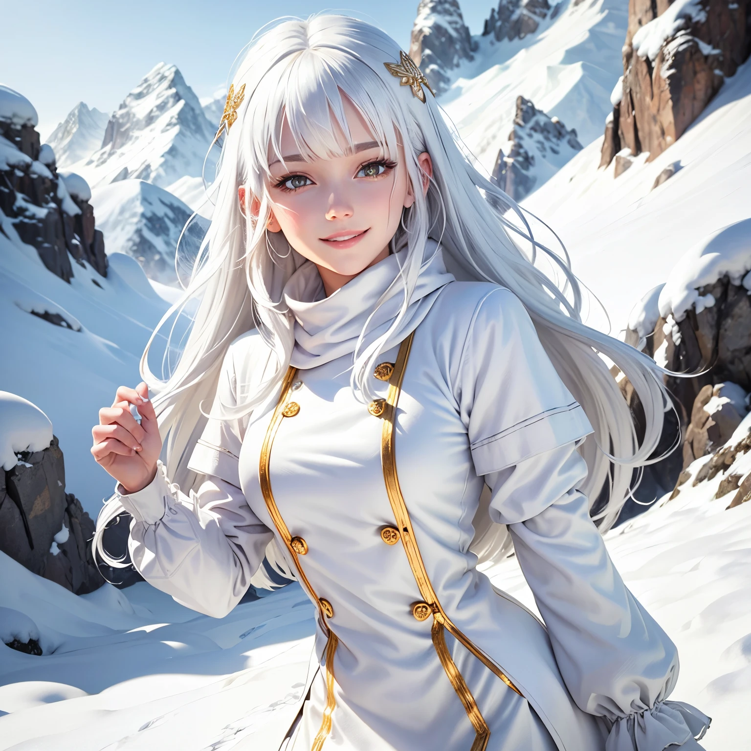 best quality, white hair, gold eyes, white clothes, upper body, hair strand, Fair skin, smiling, She's in the snowy mountains