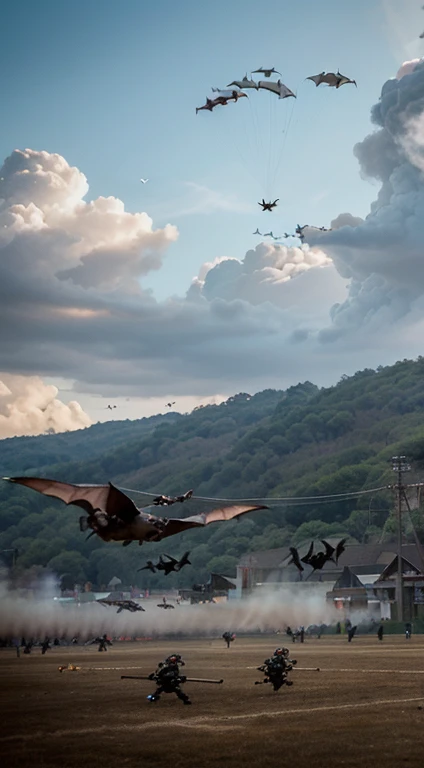 A squadron of bats takes flight against a stylized in battle ground, each bat equipped with tiny parachutes and miniature bombs. Their release is captured in mid-action, symbolizing the experimental "bat bombs" of the U.S., with world war 2 background, attacking the enemy,