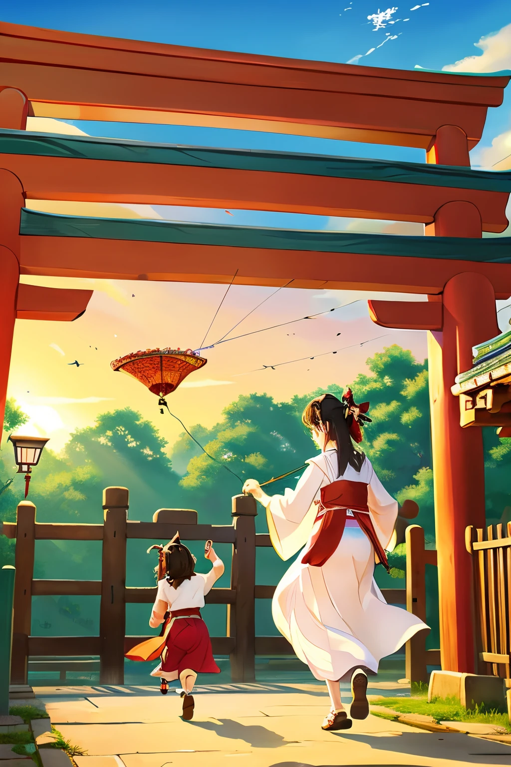 Illustration for a New Year&#39;s card showing a cute dragon and a shrine maiden flying a kite in front of the torii gate of a shrine。The first sunrise shines in the sky in the background