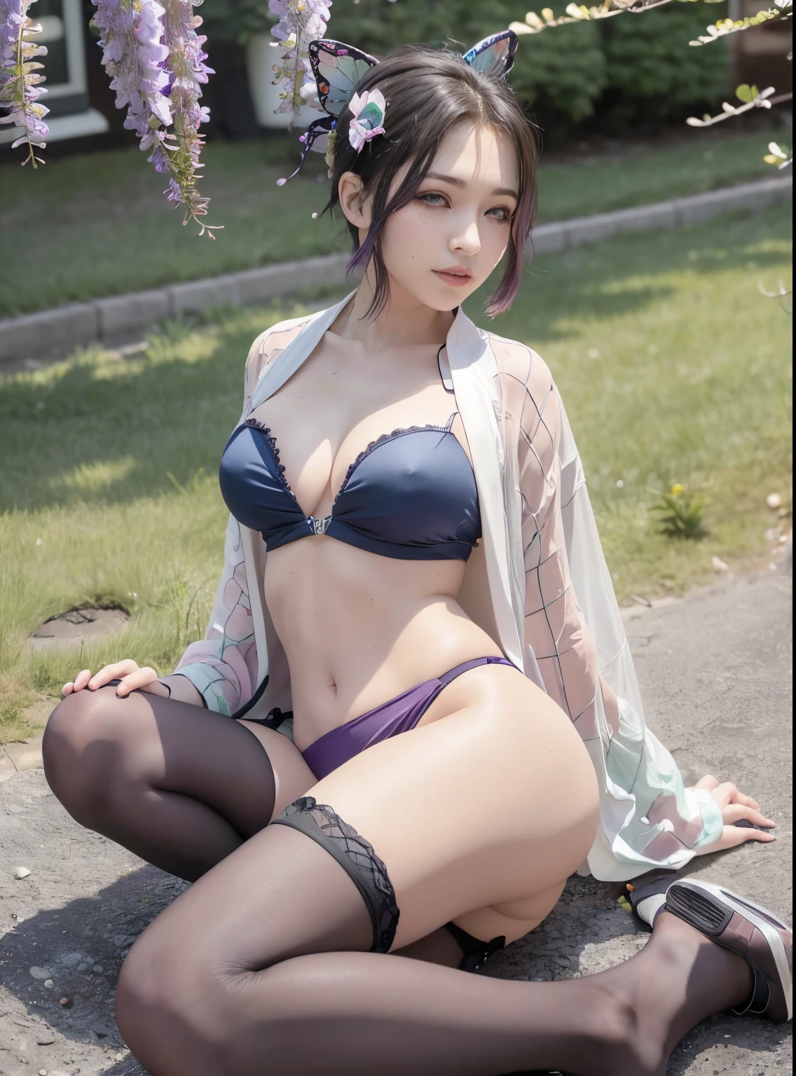 (8K, Best quality at best, tmasterpiece:1.2),
(actual, Photorealistic:1.37),
ultra - detailed,

Full body lesbian, Outdoor activities,  alphalayers, 

cute big breasts,
Alone,
(ssmile:1.15),
,
美丽细致的眼睛,
Fluttering，Stalling&#39;s masterpiece, Best quality at best, ultra - detailed, 1个Giant Breast Girl, Alone, Section Chief Ren, Colorful hair, No bangs, hair intakes, a purple eye, forehead, wisteria,  Black pants,  butterflys, calm expression, , cow boy shot, macaron, obi strip, light  smile, tmasterpiece, The best_quality, super detailing,Flat_colours, finite_Color Palette, tall_to contrast,(1 girl:1.2),Alone, of a real, actual_cparted lips, Shiny_the hair, Shiny_The skin, Wing shaped hair accessories，dark strong blue eye、Long straight black hair，a tight black top，Black pants，Combat bootigger_