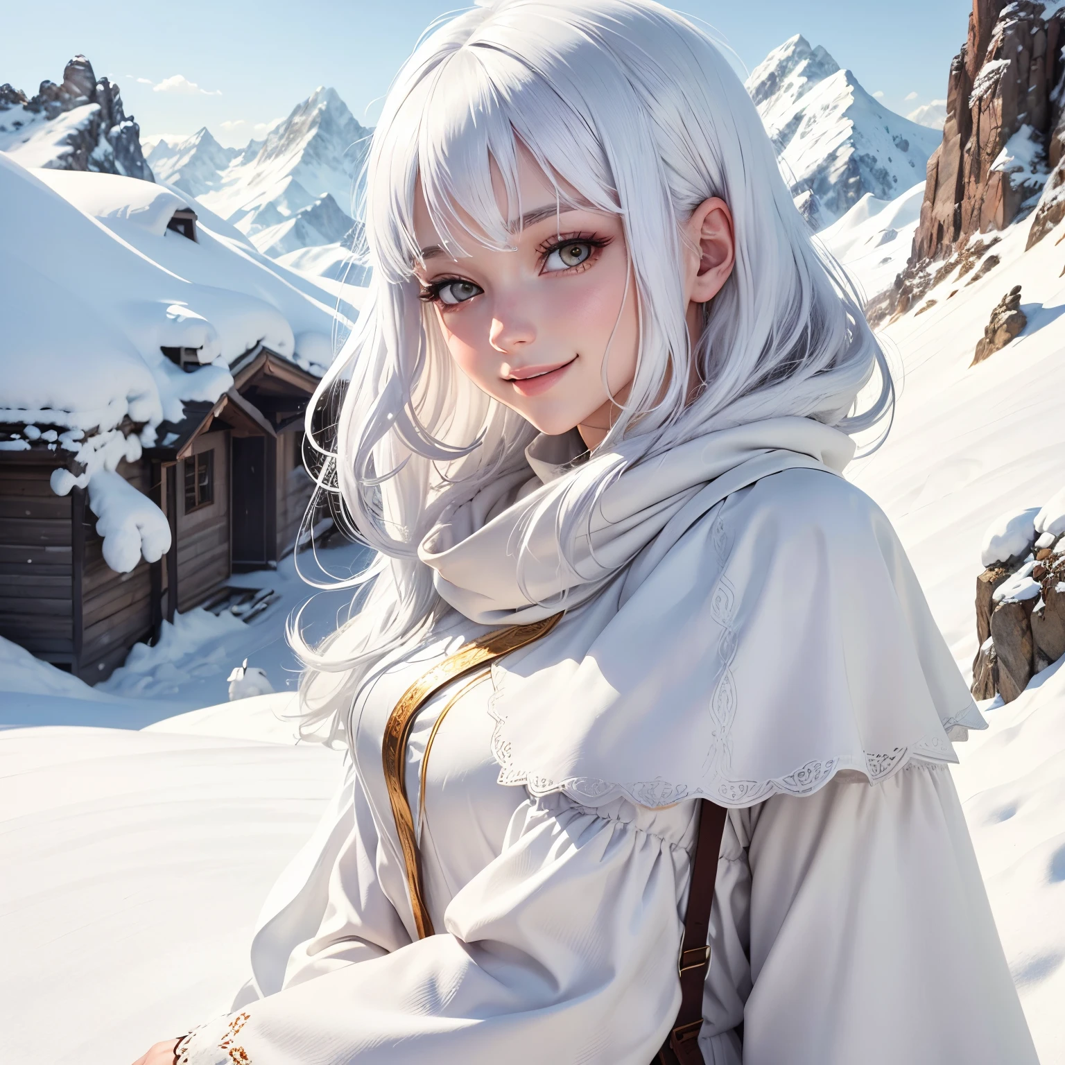 best quality, white hair, gold eyes, white clothes, upper body, hair strand, Fair skin, smiling, She's in the snowy mountains