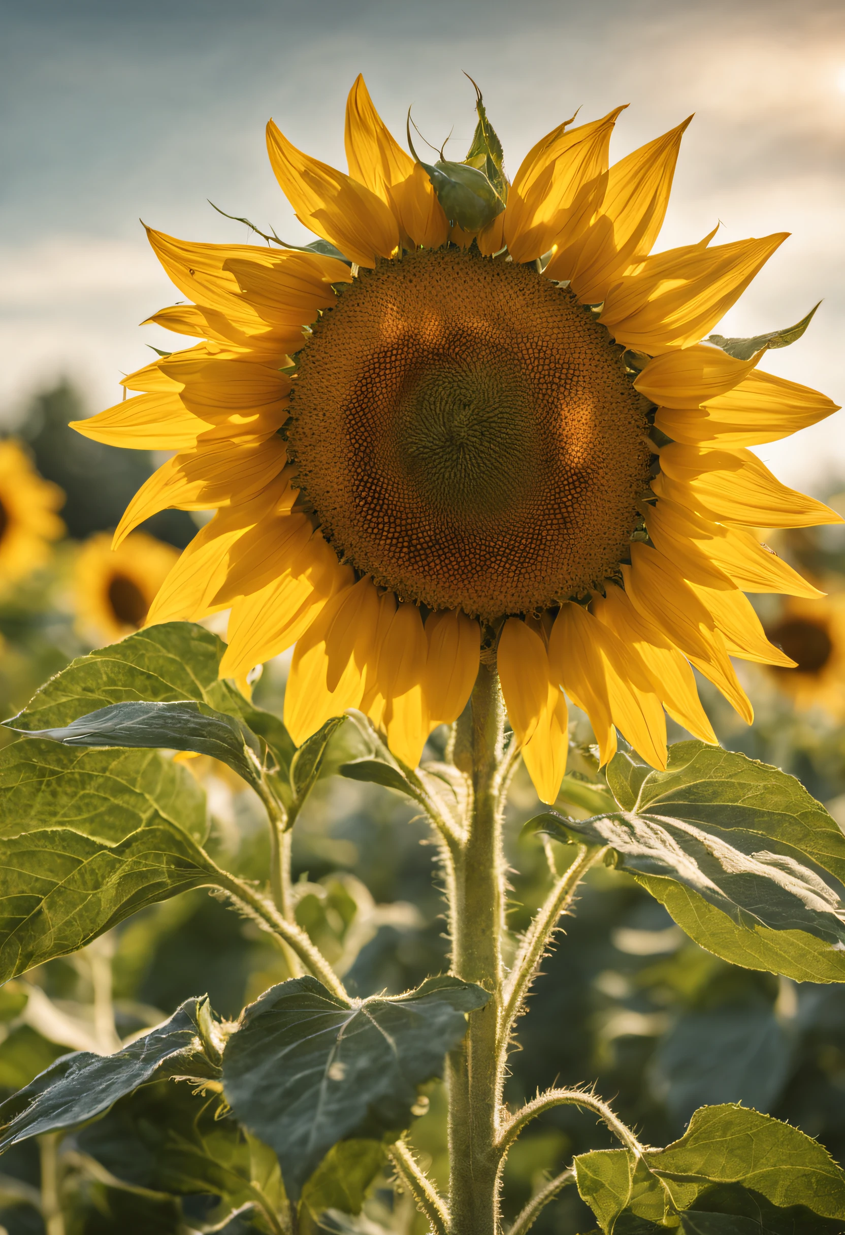 (best quality,4k,8k,highres,masterpiece:1.2),ultra-detailed,(realistic,photorealistic,photo-realistic:1.37),colorful close-up of a giant sunflower,breathtaking,perspective from below,detailed petals and stem,vivid colors,sharp focus,sunlight illuminating the flower with warm golden tones,contrast between the vibrant yellow petals and the deep green leaves,soft shadows and highlights,eye-catching composition,artistic rendering of the sunflower,impressive size and intricate details,impressive photorealism,studio lighting,high-quality resolution,delicate dewdrops on the petals,exquisite texture and patterns,artistic interpretation of the sunflower's beauty,surreal atmosphere,mesmerizing play of light and shadow,impressive depth of field,attention to the sunflower's unique characteristics,impressive realism with a touch of artistic flair,striking contrast between the sunflower and the surrounding environment,stunning appearance capturing the essence of nature's artwork,mesmerizing color palette,impressive attention to detail in every petal and leaf,rich and vibrant colors,True-to-life visualization of the sunflower's appearance and texture,awe-inspiring portrayal of the sunflower's beauty,artistic reimagining of a classic natural subject,eye-catching and captivating image,meticulous depiction of the sunflower's intricate structure.
