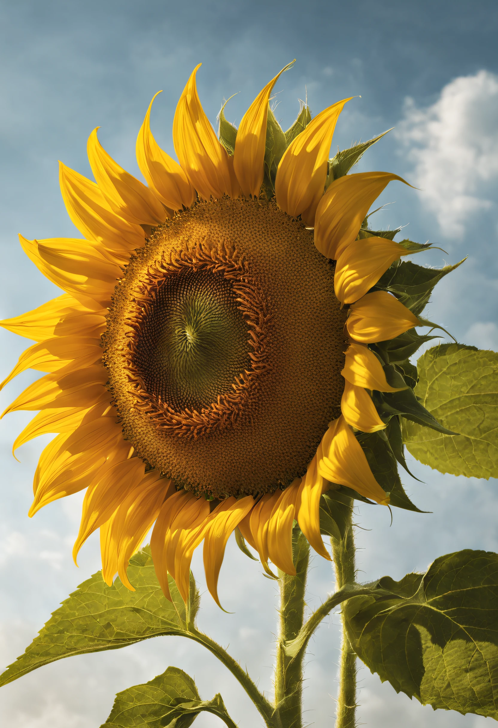 (best quality,4k,8k,highres,masterpiece:1.2),ultra-detailed,(realistic,photorealistic,photo-realistic:1.37),colorful close-up of a giant sunflower,breathtaking,perspective from below,detailed petals and stem,vivid colors,sharp focus,sunlight illuminating the flower with warm golden tones,contrast between the vibrant yellow petals and the deep green leaves,soft shadows and highlights,eye-catching composition,artistic rendering of the sunflower,impressive size and intricate details,impressive photorealism,studio lighting,high-quality resolution,delicate dewdrops on the petals,exquisite texture and patterns,artistic interpretation of the sunflower's beauty,surreal atmosphere,mesmerizing play of light and shadow,impressive depth of field,attention to the sunflower's unique characteristics,impressive realism with a touch of artistic flair,striking contrast between the sunflower and the surrounding environment,stunning appearance capturing the essence of nature's artwork,mesmerizing color palette,impressive attention to detail in every petal and leaf,rich and vibrant colors,True-to-life visualization of the sunflower's appearance and texture,awe-inspiring portrayal of the sunflower's beauty,artistic reimagining of a classic natural subject,eye-catching and captivating image,meticulous depiction of the sunflower's intricate structure.