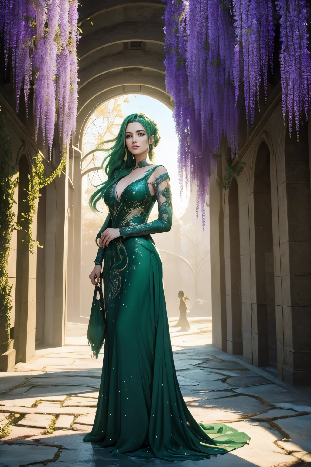 a woman, green hair, long dress, wisteria, winter, stars, sun, ((surrealism)), (abstract), intricate brush strokes, beautiful lighting, intricate details, Unreal Engine, creative, expressive, detailed, colorful, digital art, HW*