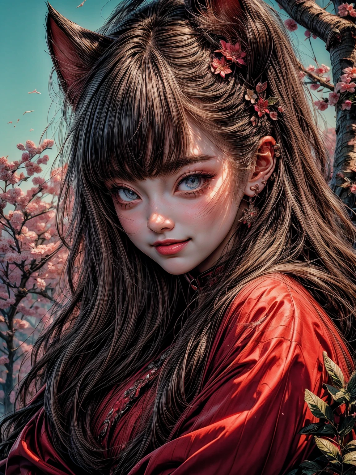 (best quality,4k,8k,highres,masterpiece:1.2),ultra-detailed,realistic,portrait,Chun-Li's face,beautiful detailed eyes,beautiful detailed lips,extremely detailed eyes and face,long eyelashes,reddish-brown hair,cute and lively expression,slightly rosy cheeks,delicate facial features,[cat ears],red China-inspired traditional clothes,sitting on a blossom tree branch,[smiling with joy],whimsical and vibrant background,anime style,rich and saturated colors,soft and warm lighting.