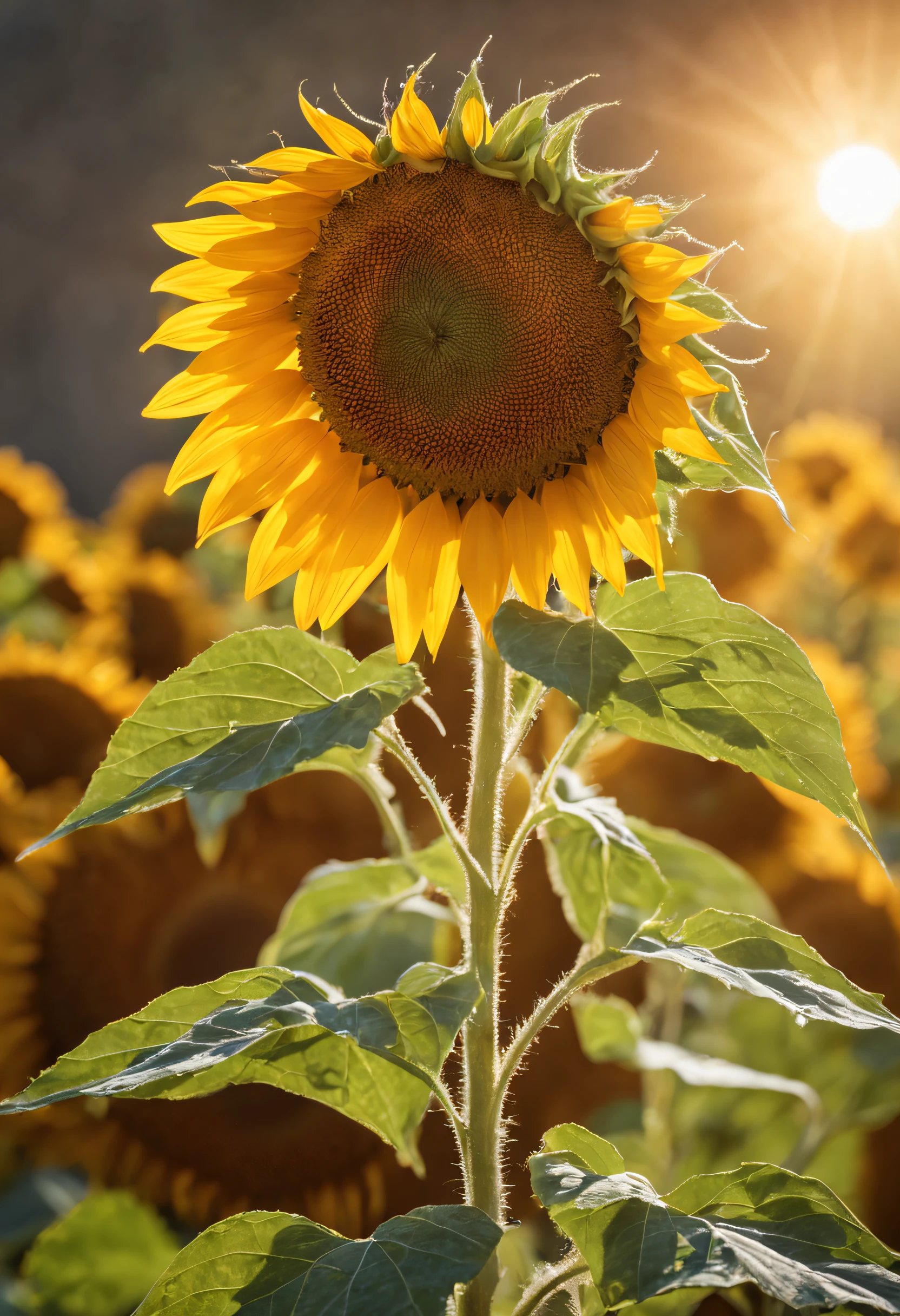 (best quality,4k,8k,highres,masterpiece:1.2),ultra-detailed,(realistic,photorealistic,photo-realistic:1.37),colorful close-up of a giant sunflower,breathtaking,perspective from below,detailed petals and stem,vivid colors,sharp focus,sunlight illuminating the flower with warm golden tones,contrast between the vibrant yellow petals and the deep green leaves,soft shadows and highlights,eye-catching composition,artistic rendering of the sunflower,impressive size and intricate details,impressive photorealism,studio lighting,high-quality resolution,delicate dewdrops on the petals,exquisite texture and patterns,artistic interpretation of the sunflower's beauty,surreal atmosphere,mesmerizing play of light and shadow,impressive depth of field,attention to the sunflower's unique characteristics,impressive realism with a touch of artistic flair,striking contrast between the sunflower and the surrounding environment,stunning appearance capturing the essence of nature's artwork,mesmerizing color palette,impressive attention to detail in every petal and leaf,rich and vibrant colors,True-to-life visualization of the sunflower's appearance and texture,awe-inspiring portrayal of the sunflower's beauty,artistic reimagining of a classic natural subject,eye-catching and captivating image,meticulous depiction of the sunflower's intricate structure.