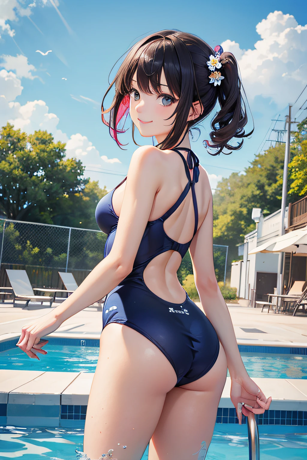 Very cute and beautiful girl,,(very detailed beautiful face and eyes:1.2),Blue school swimsuit,
Standing,(from behind,Looking back),Leaning forward,Pool side,Small multicolored flowers,Smile,Black hair,Cowboy Shot,
(Best Quality,masutepiece:1.2),hight resolution,Extremely detailed,Solo,Hair fluttering in the wind,Beautiful detailed sky,Detailed anime wallpapers,